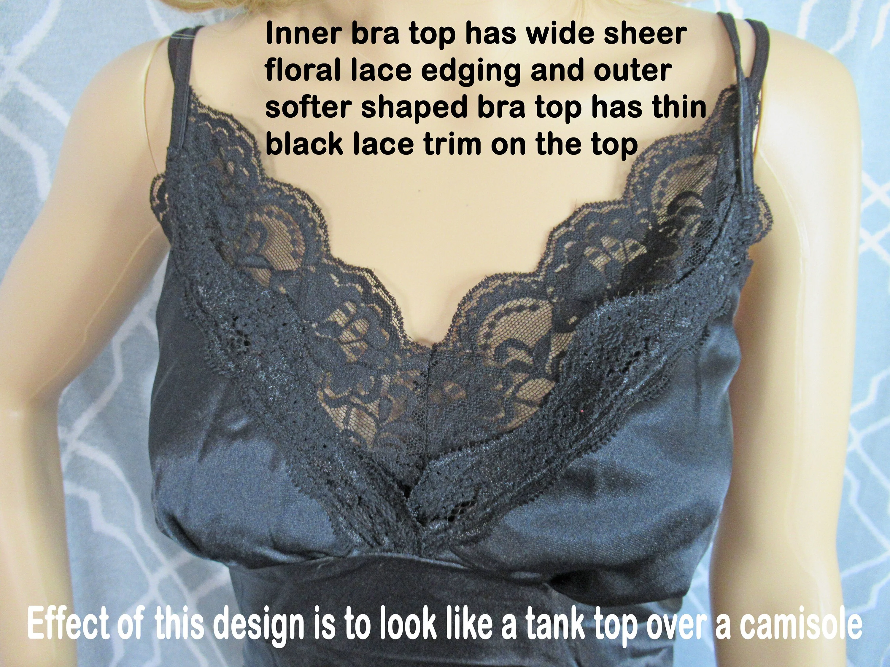 34/36 Bust Camisole Unique 2 Layer Softly Shaped Bra Bodice with Lace, Adjustable Straps, Peep Studio Black Polyester, Made In Usa Vtg - Image 4
