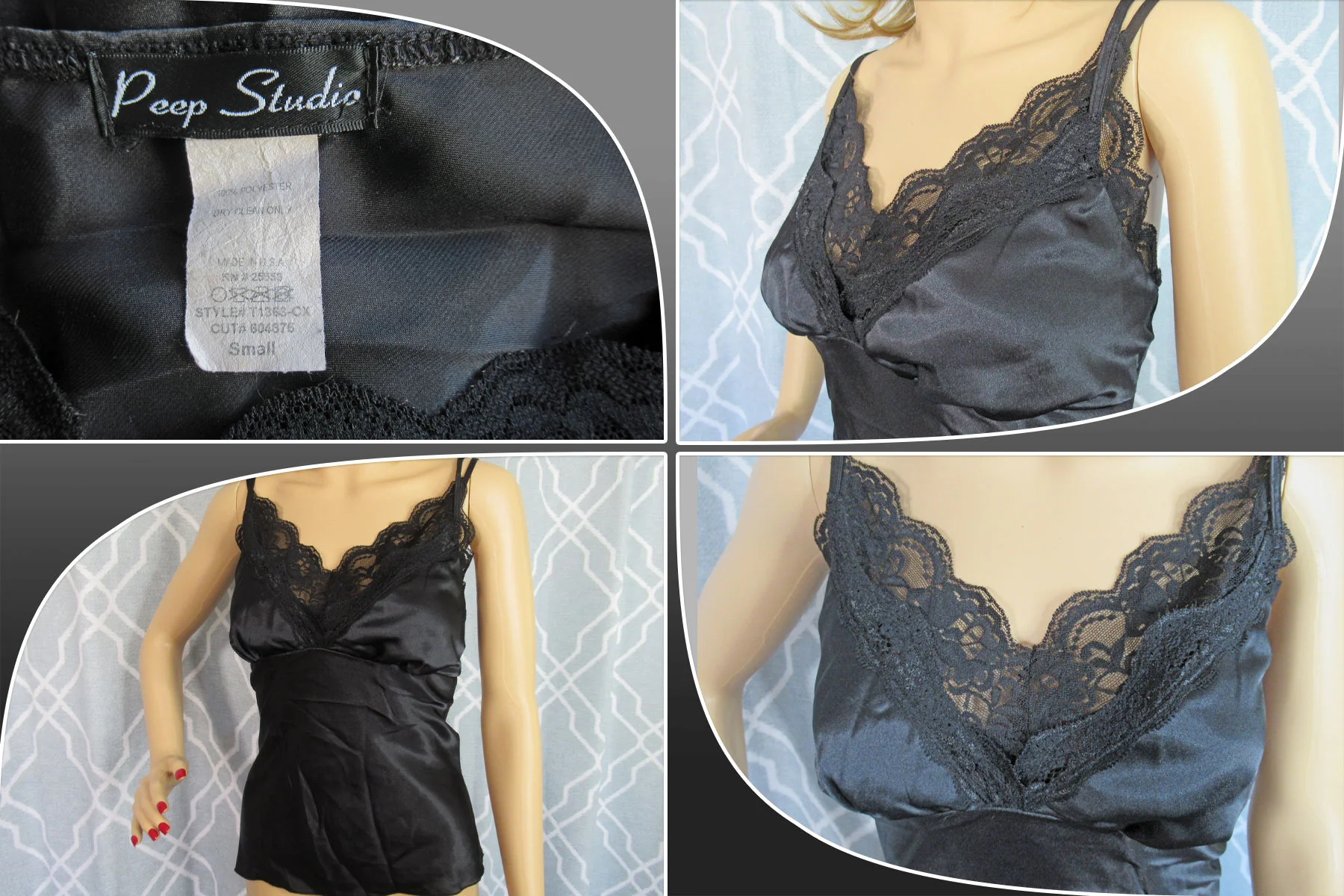 34/36 Bust Camisole Unique 2 Layer Softly Shaped Bra Bodice with Lace, Adjustable Straps, Peep Studio Black Polyester, Made In Usa Vtg - Image 6
