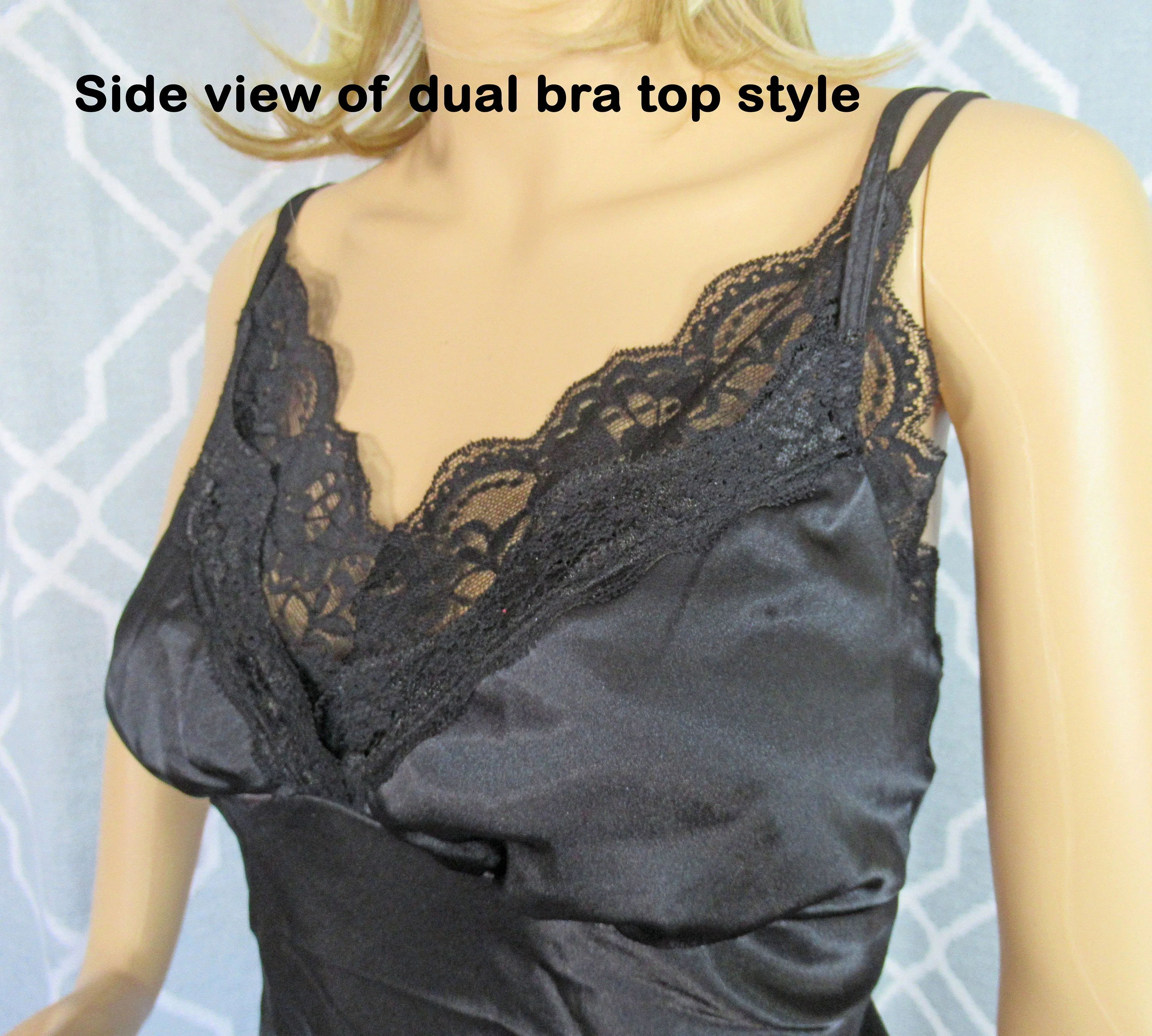 34/36 Bust Camisole Unique 2 Layer Softly Shaped Bra Bodice with Lace, Adjustable Straps, Peep Studio Black Polyester, Made In Usa Vtg - Image 7