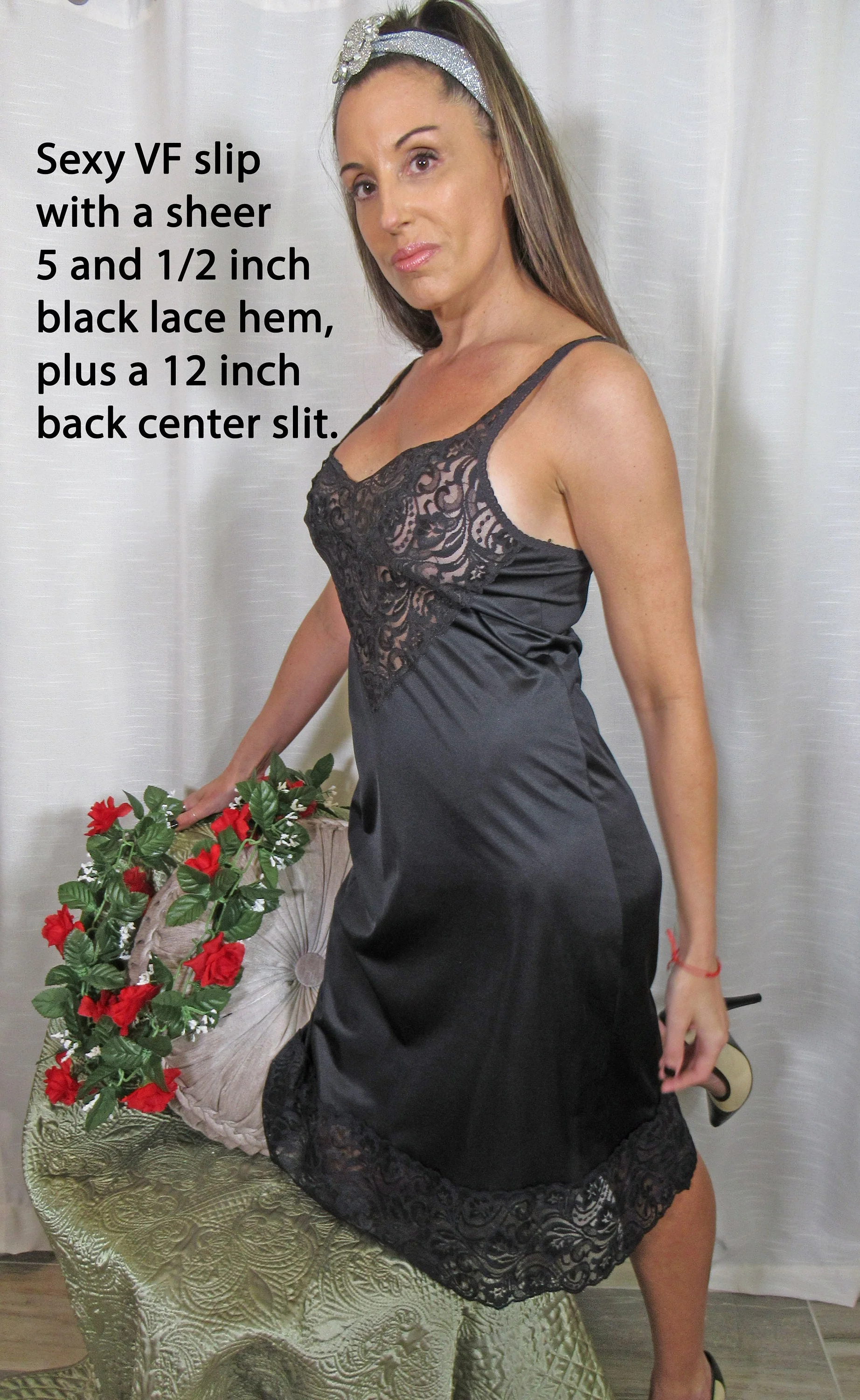 34-36 Bust Nylon Slip Pin Up Style Black Stretch Bust 5. 5 Inch Lace Hem Nylon Spandex Lace Bodice, Made Usa, Adjustable Strap by Vanity Fair - Image 3