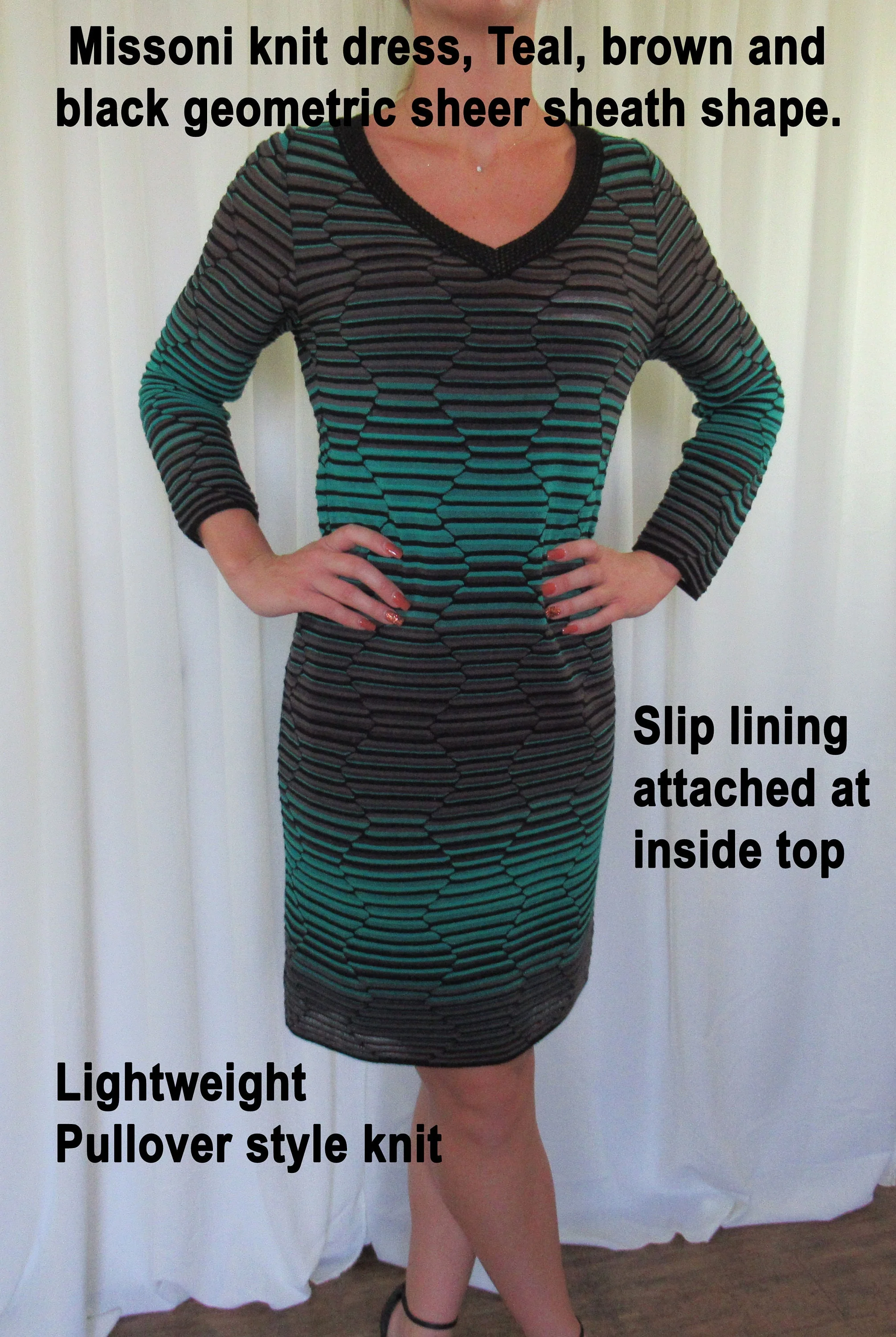 34-38 Bust Knit Dress Teal Brown and Black Geometric Sheer Sheath Shape, V-Neck, Small/medium, Long Sleeves, Slip Lining, Vtg by Missoni - Image 6