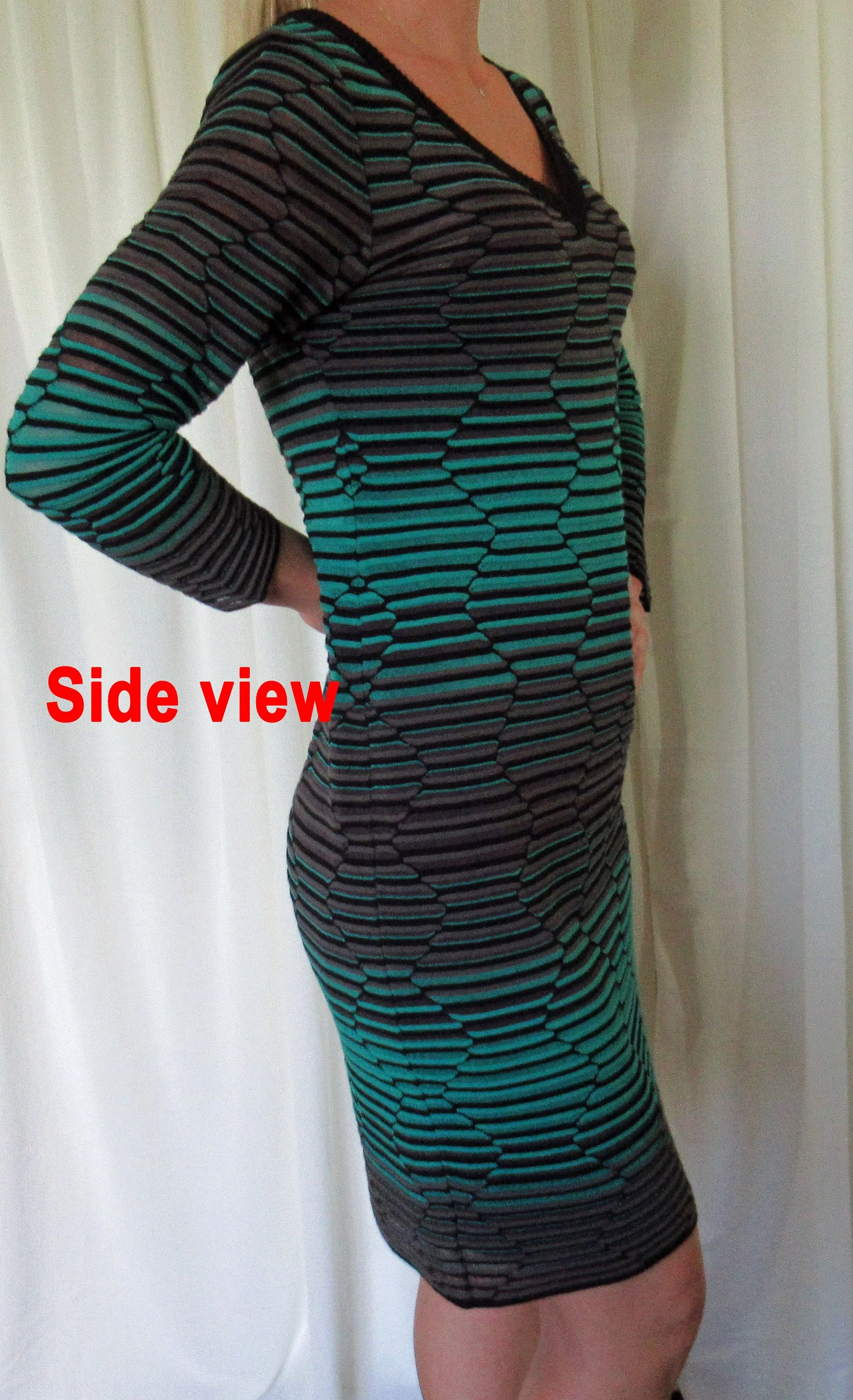 34-38 Bust Knit Dress Teal Brown and Black Geometric Sheer Sheath Shape, V-Neck, Small/medium, Long Sleeves, Slip Lining, Vtg by Missoni - Image 8