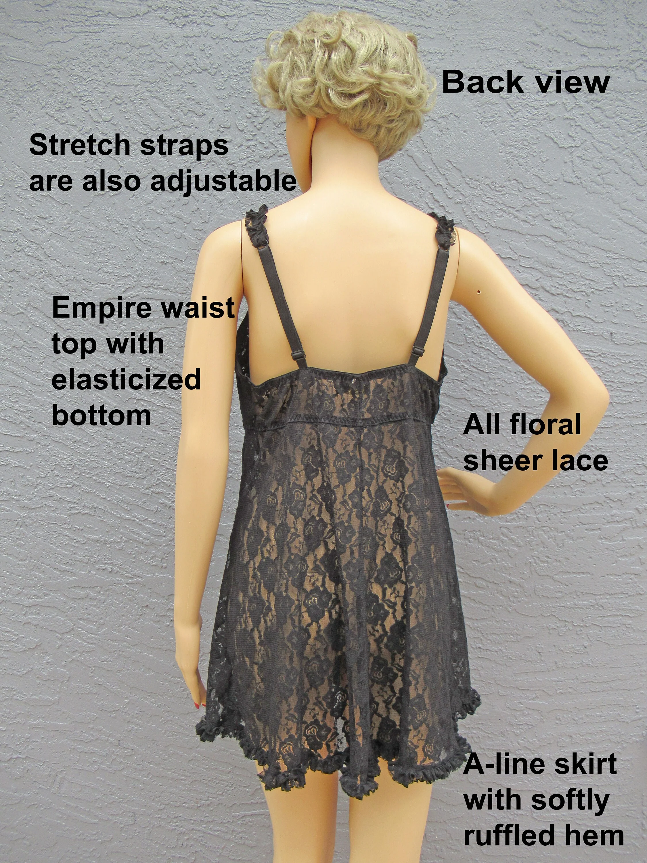 34-38 Bust Lace Babydoll Gown Low Cut V-Neck, Underwire Bra Stretch Empire Top, Seductive Wear Cinema Etoile Sheer Black, Wide Skirt Vtg - Image 10