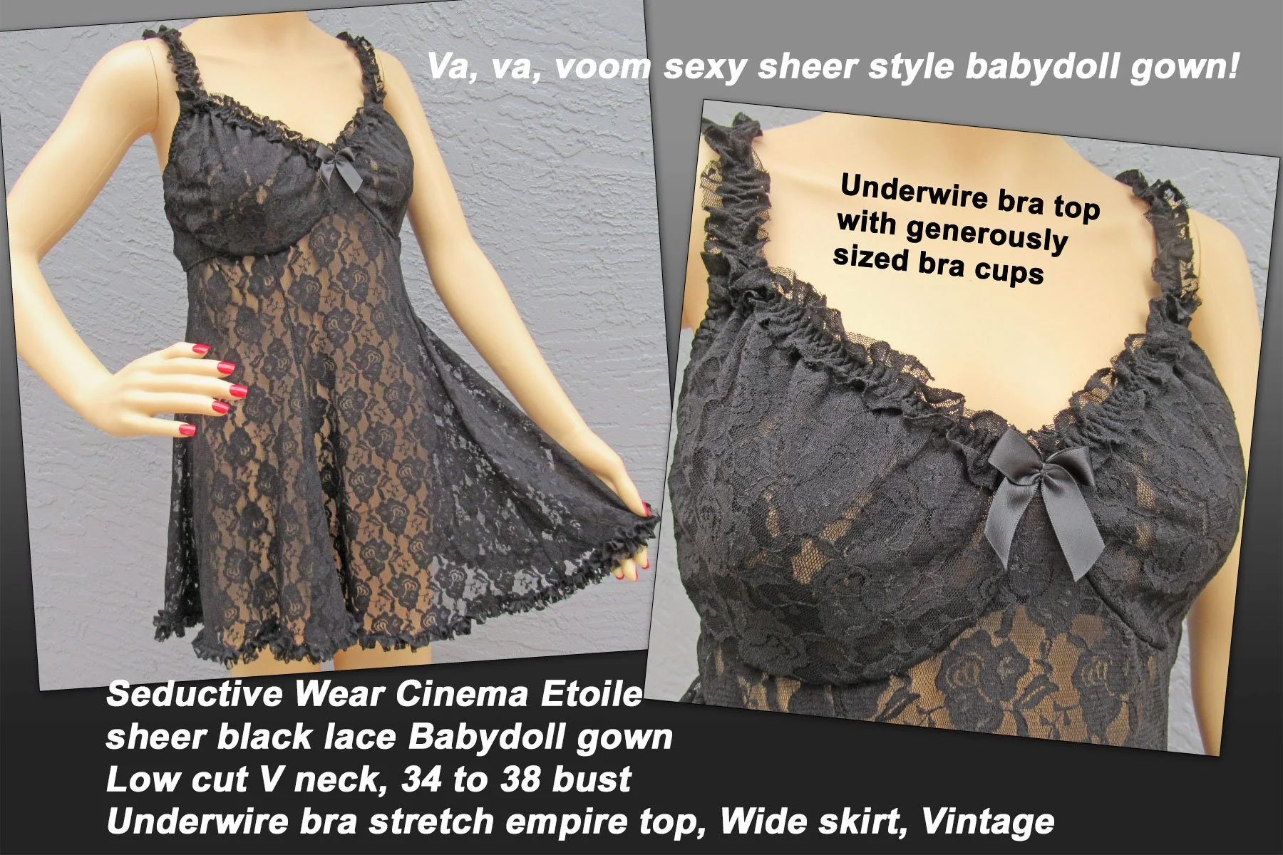 34-38 Bust Lace Babydoll Gown Low Cut V-Neck, Underwire Bra Stretch Empire Top, Seductive Wear Cinema Etoile Sheer Black, Wide Skirt Vtg - Image 2