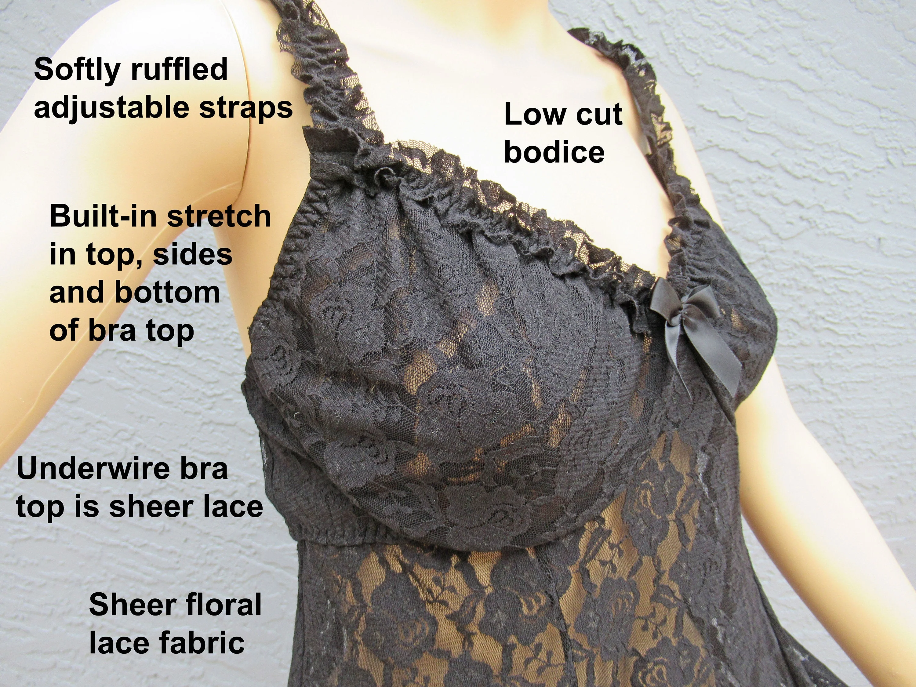 34-38 Bust Lace Babydoll Gown Low Cut V-Neck, Underwire Bra Stretch Empire Top, Seductive Wear Cinema Etoile Sheer Black, Wide Skirt Vtg - Image 3