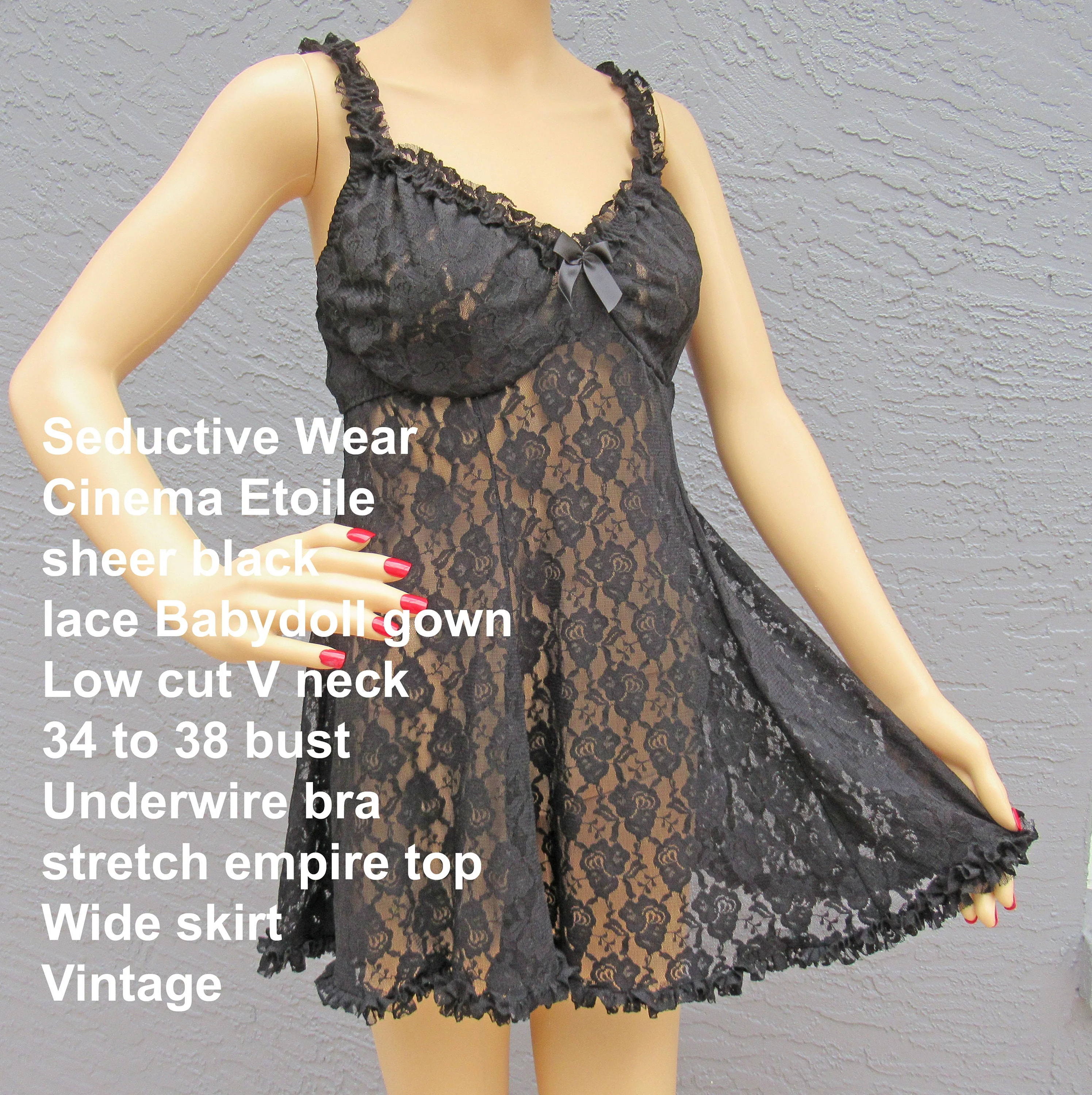 34-38 Bust Lace Babydoll Gown Low Cut V-Neck, Underwire Bra Stretch Empire Top, Seductive Wear Cinema Etoile Sheer Black, Wide Skirt Vtg - Image 4
