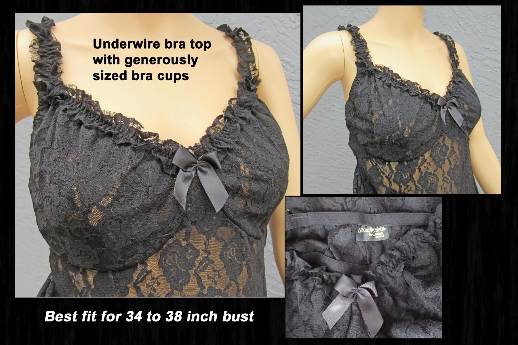34-38 Bust Lace Babydoll Gown Low Cut V-Neck, Underwire Bra Stretch Empire Top, Seductive Wear Cinema Etoile Sheer Black, Wide Skirt Vtg - Image 6