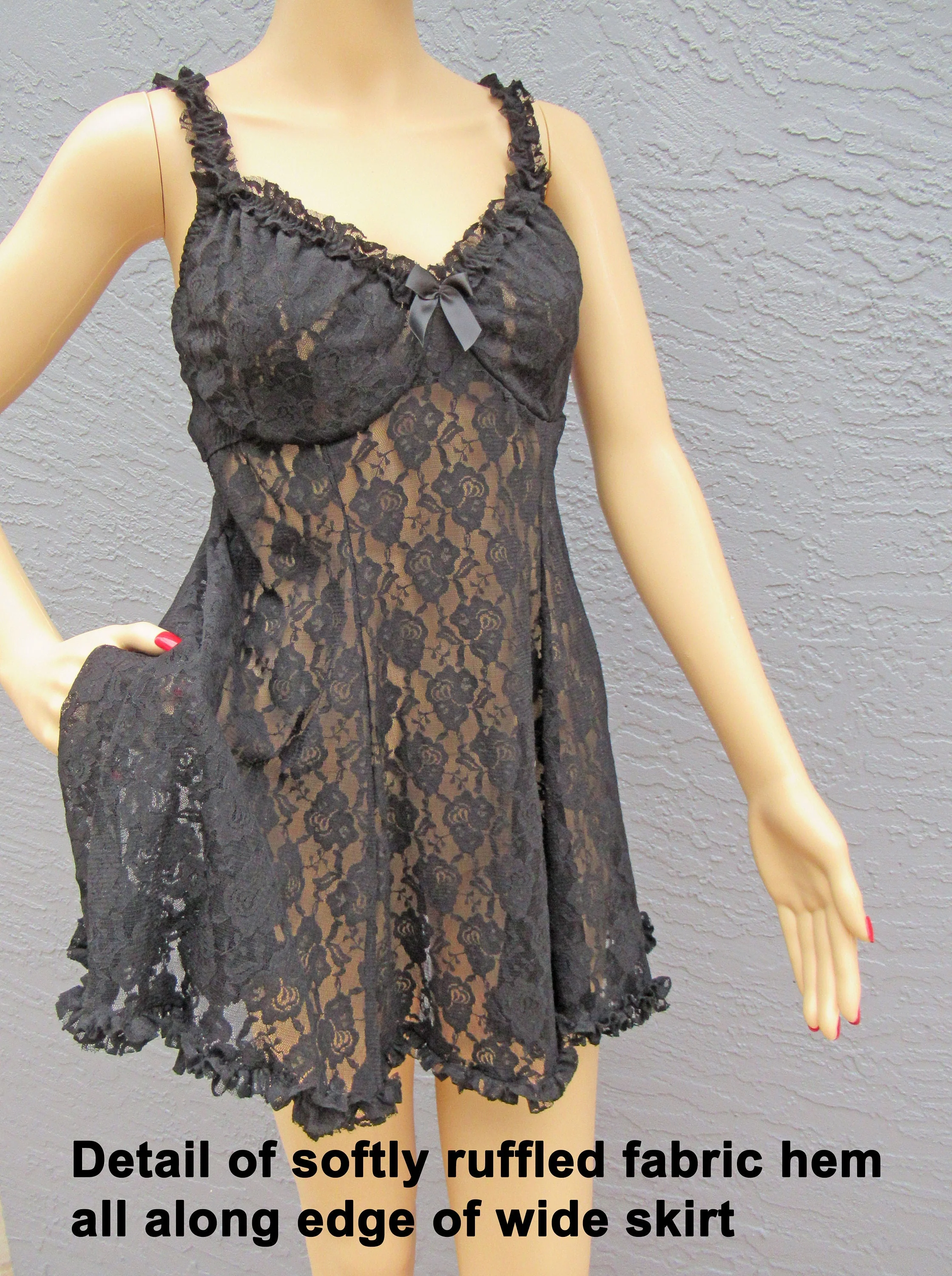 34-38 Bust Lace Babydoll Gown Low Cut V-Neck, Underwire Bra Stretch Empire Top, Seductive Wear Cinema Etoile Sheer Black, Wide Skirt Vtg - Image 7