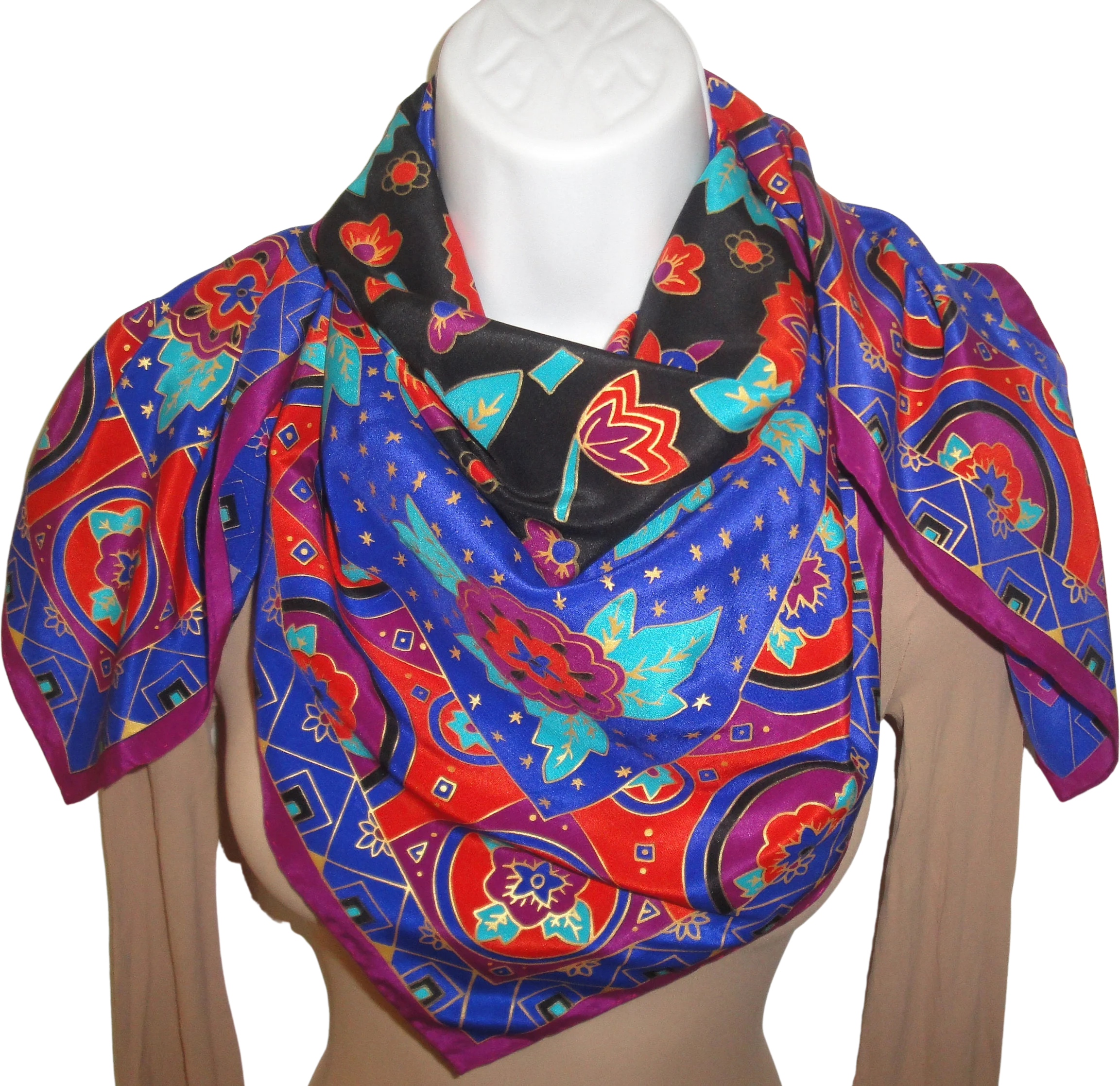 34 and 1/2 Inch Silk Scarf Elaine Gold for Collection Xiix Square Purple Orange Teal Black and Gold Stencil-Like Floral Brilliant Vtg