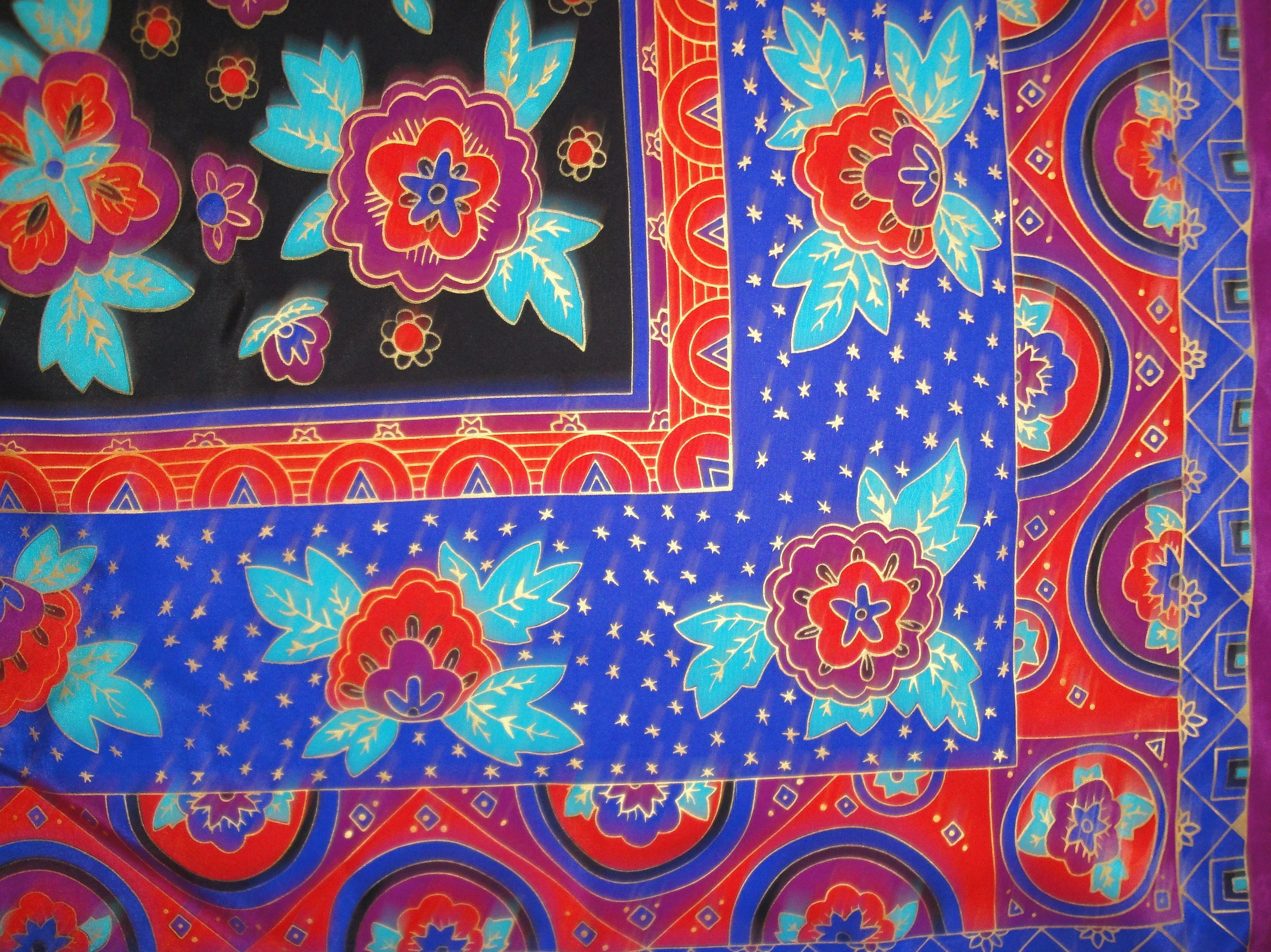 34 and 1/2 Inch Silk Scarf Elaine Gold for Collection Xiix Square Purple Orange Teal Black and Gold Stencil-Like Floral Brilliant Vtg - Image 5