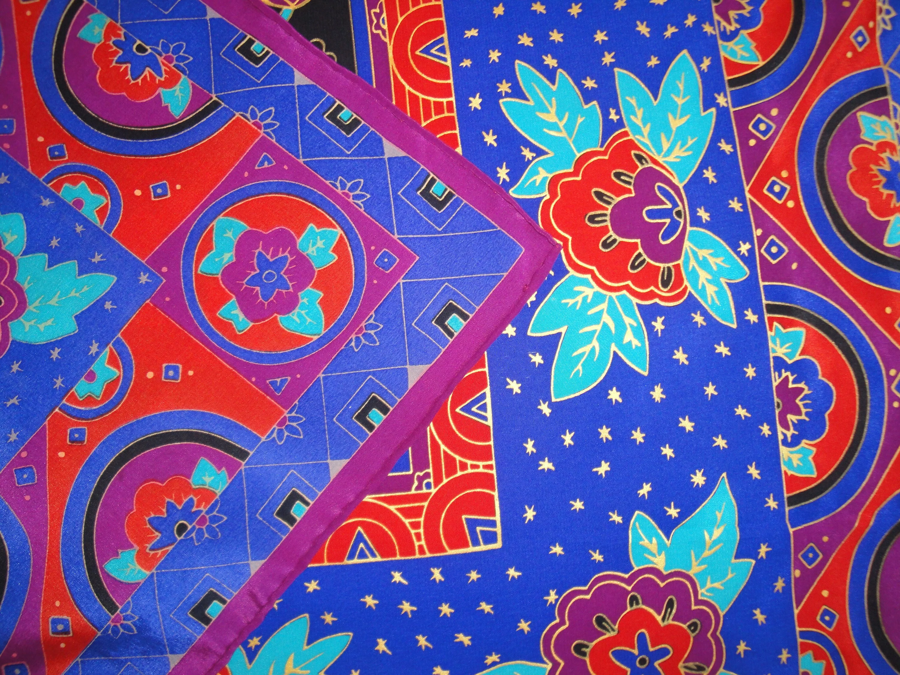 34 and 1/2 Inch Silk Scarf Elaine Gold for Collection Xiix Square Purple Orange Teal Black and Gold Stencil-Like Floral Brilliant Vtg - Image 6