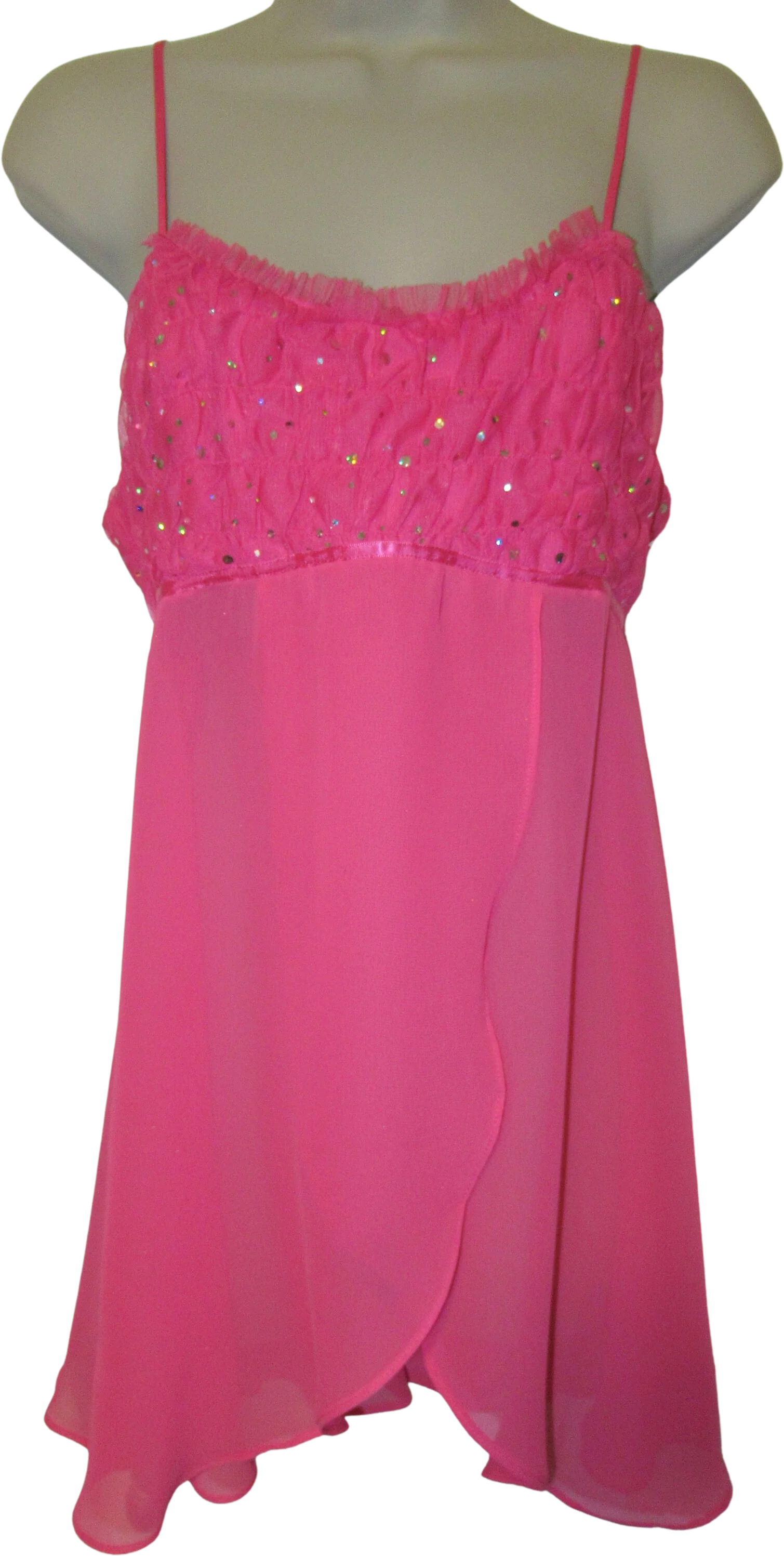 34 Bust Babydoll Gown Empire Waist Polyester, Bubblegum Pink Sheer Open Front, Spaghetti Straps, Clear Beads, Ties In Back by Flora Nikrooz