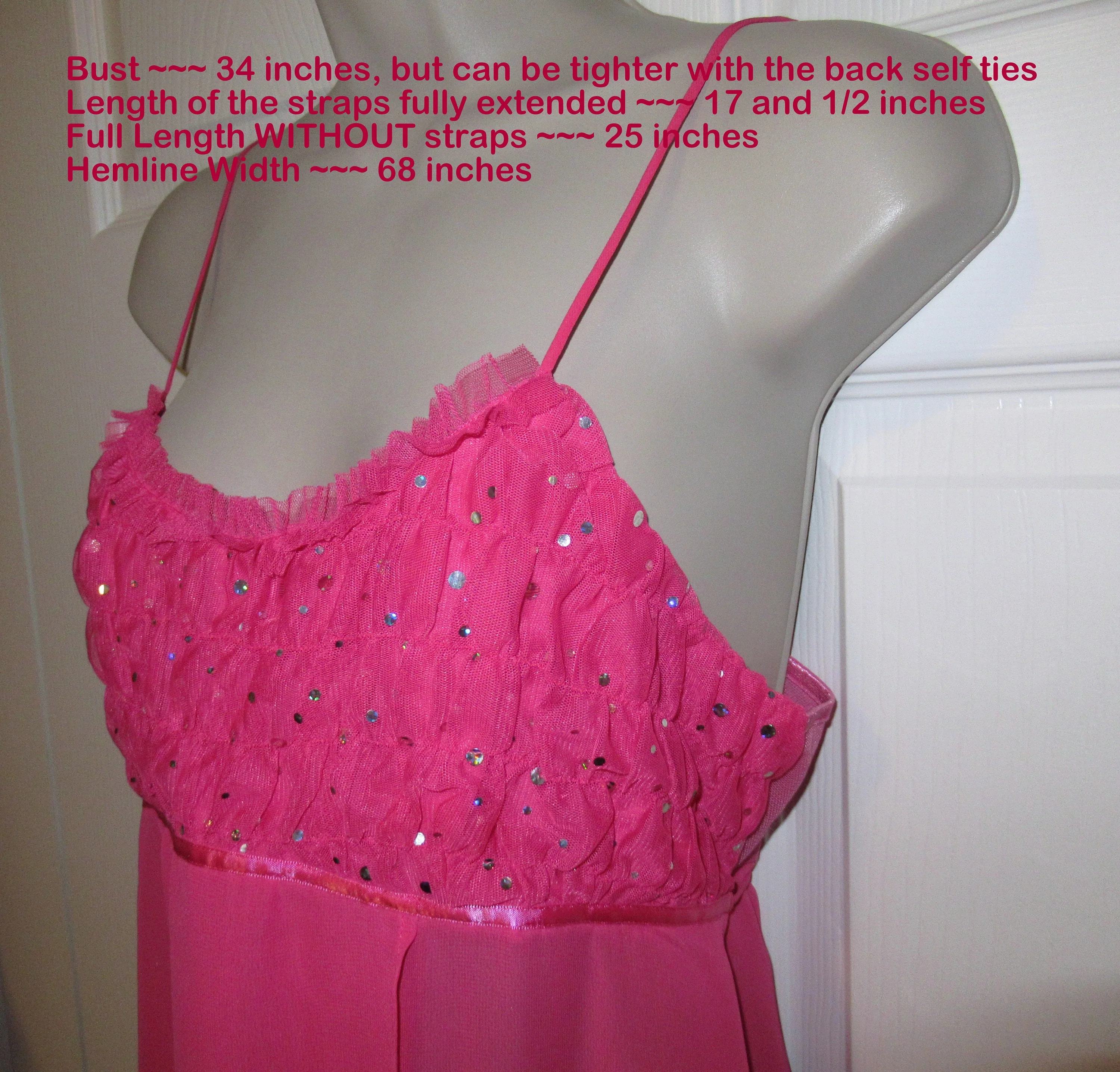 34 Bust Babydoll Gown Empire Waist Polyester, Bubblegum Pink Sheer Open Front, Spaghetti Straps, Clear Beads, Ties In Back by Flora Nikrooz - Image 4