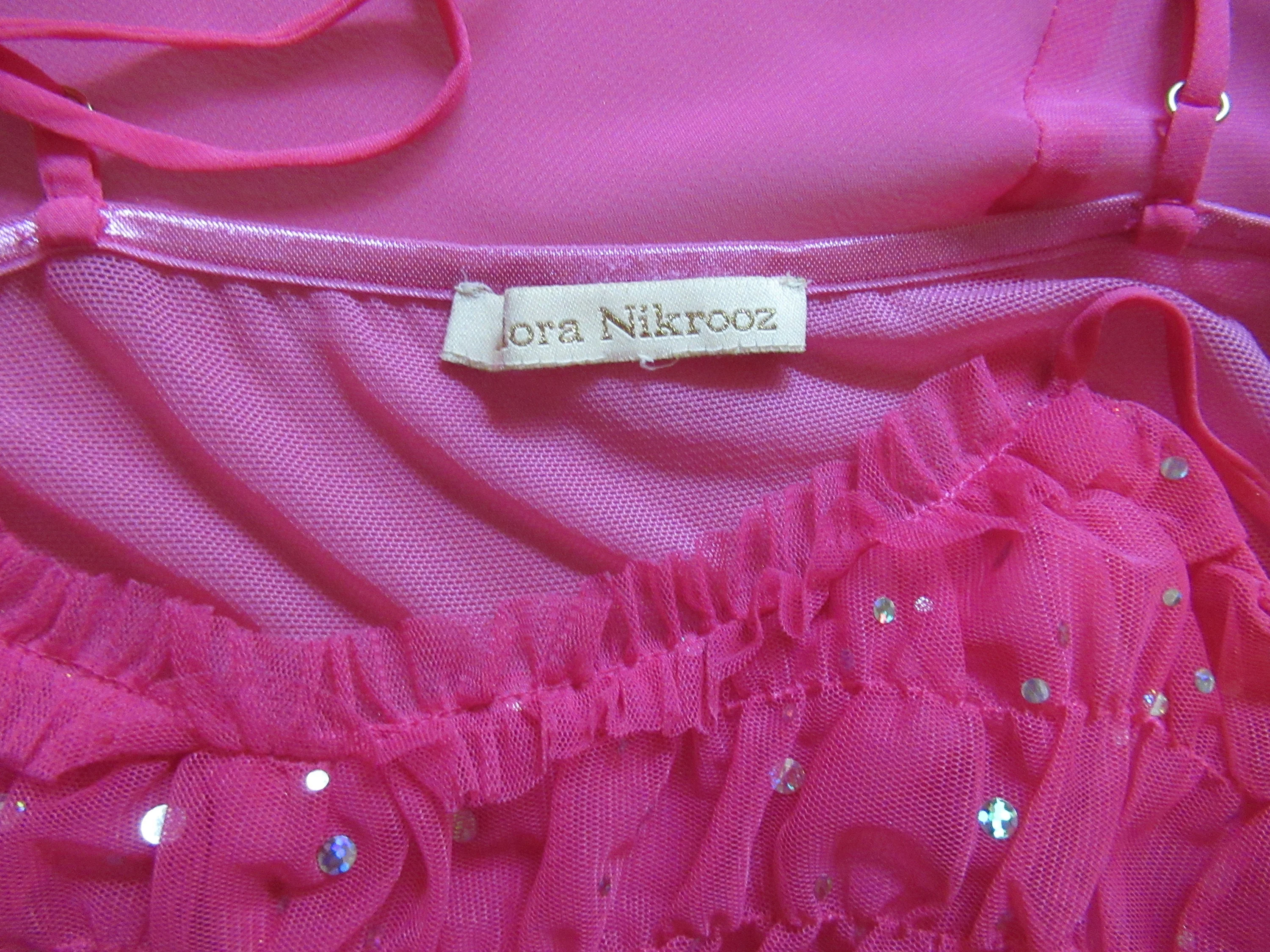 34 Bust Babydoll Gown Empire Waist Polyester, Bubblegum Pink Sheer Open Front, Spaghetti Straps, Clear Beads, Ties In Back by Flora Nikrooz - Image 5
