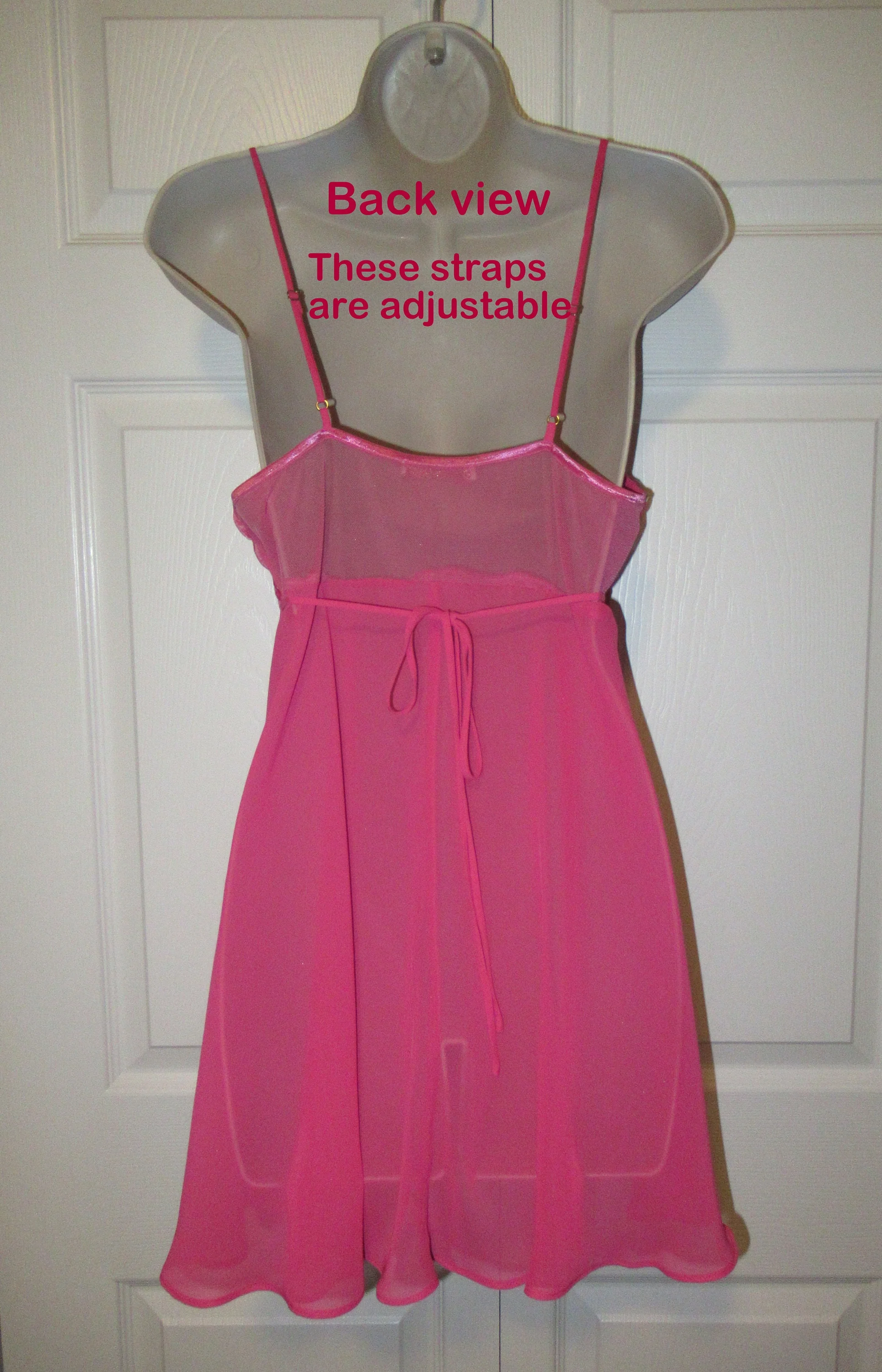 34 Bust Babydoll Gown Empire Waist Polyester, Bubblegum Pink Sheer Open Front, Spaghetti Straps, Clear Beads, Ties In Back by Flora Nikrooz - Image 8