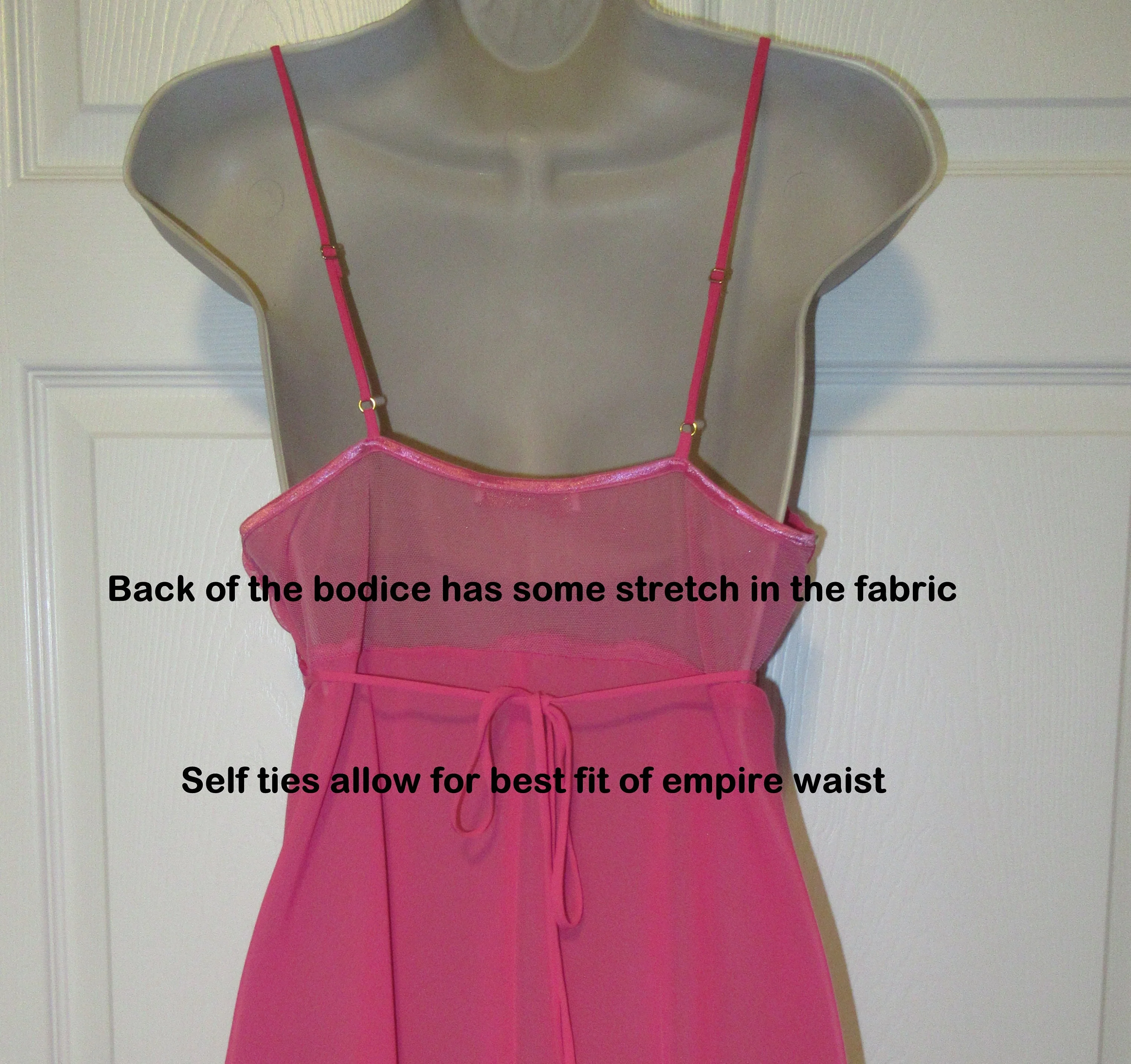 34 Bust Babydoll Gown Empire Waist Polyester, Bubblegum Pink Sheer Open Front, Spaghetti Straps, Clear Beads, Ties In Back by Flora Nikrooz - Image 9