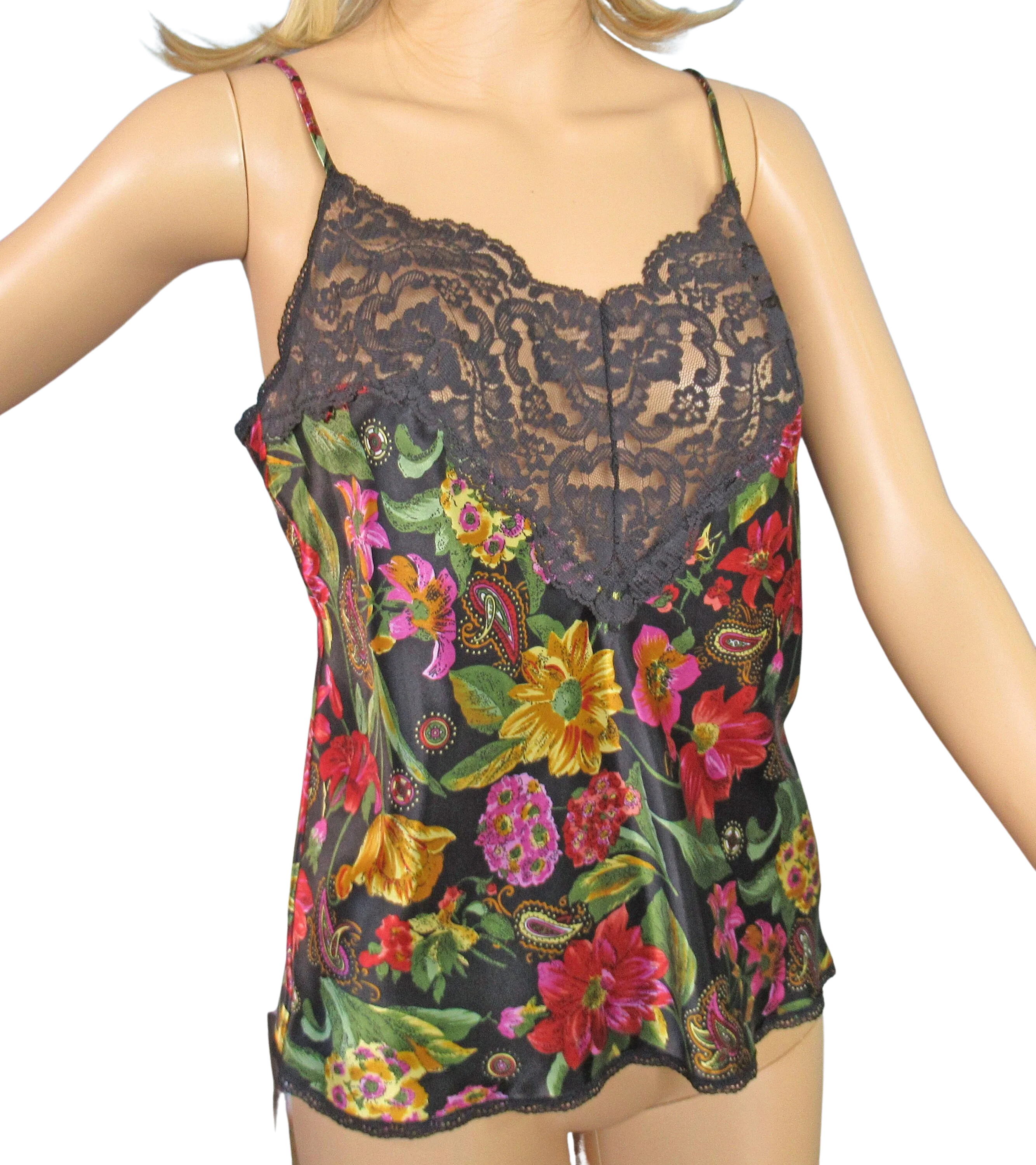 34 Bust Camisole Bright Colorful Floral Print On Black Background Sheer Wide Black Lace Trim, Adjustable Straps, Made Usa Vtg by Vanity Fair
