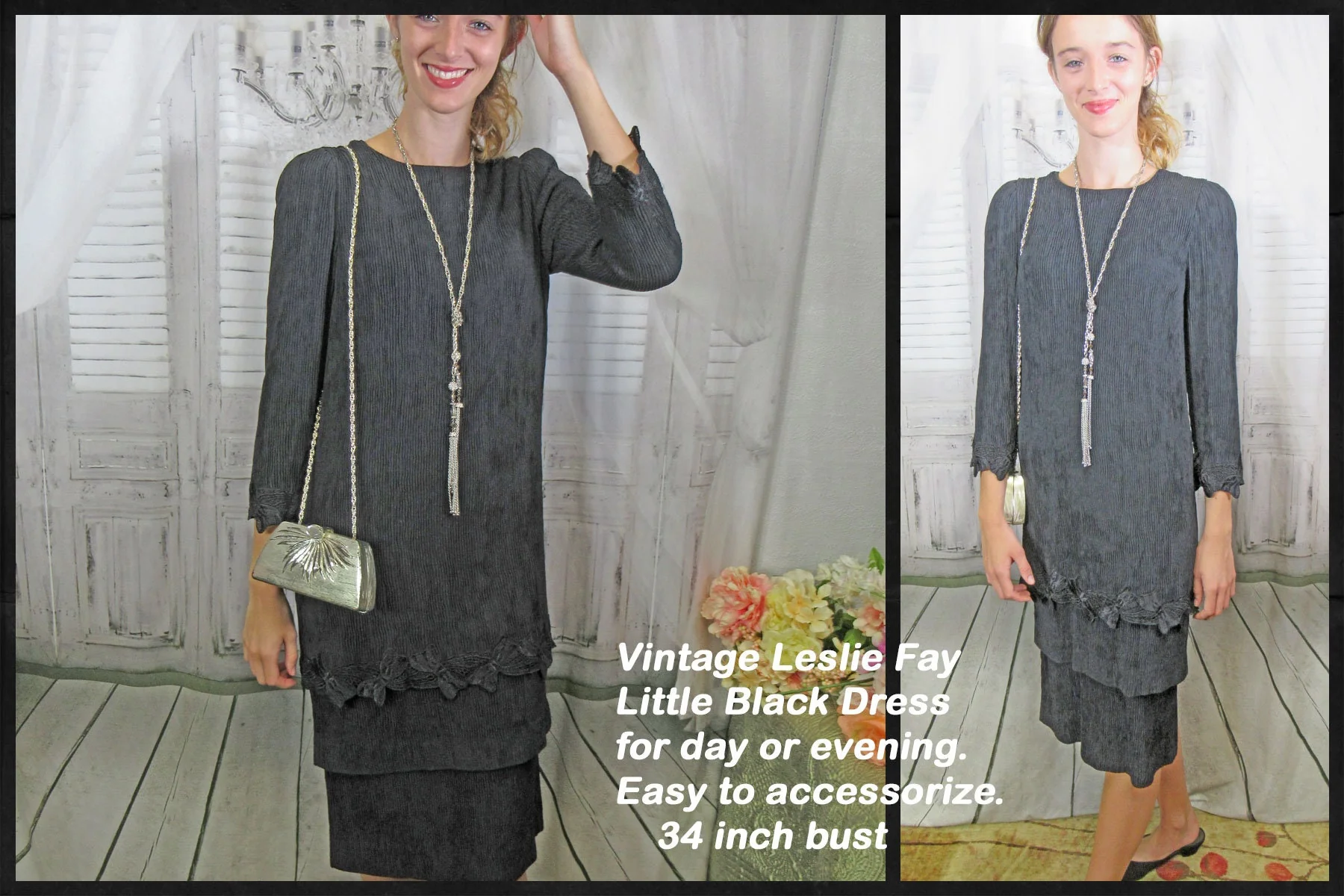 34 Bust Dress Black Knee Length with 3 Tiers 3/4 Length Sleeves Arnel/nylon Made In Usa Ilgwu Union Label Back Zipper Vtg by Leslie Fay - Image 2