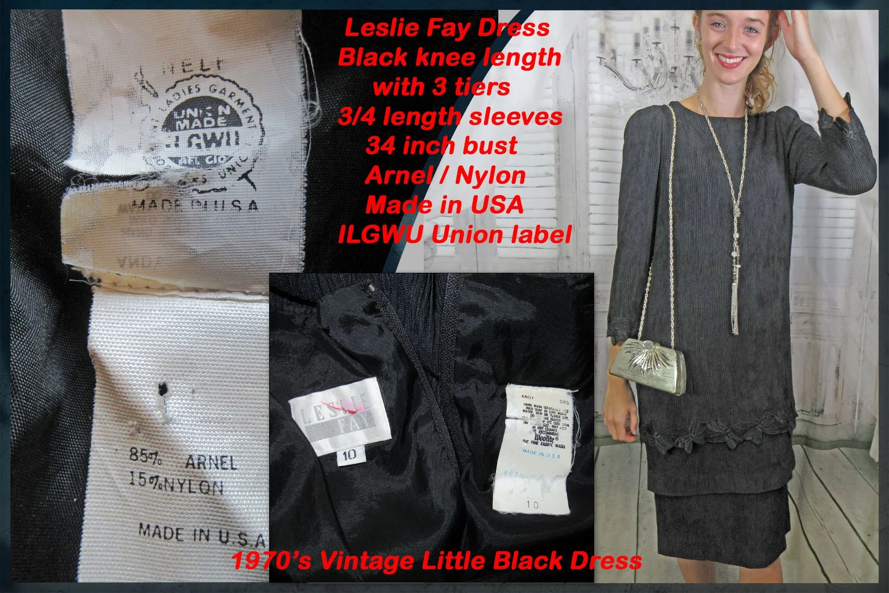 34 Bust Dress Black Knee Length with 3 Tiers 3/4 Length Sleeves Arnel/nylon Made In Usa Ilgwu Union Label Back Zipper Vtg by Leslie Fay - Image 7