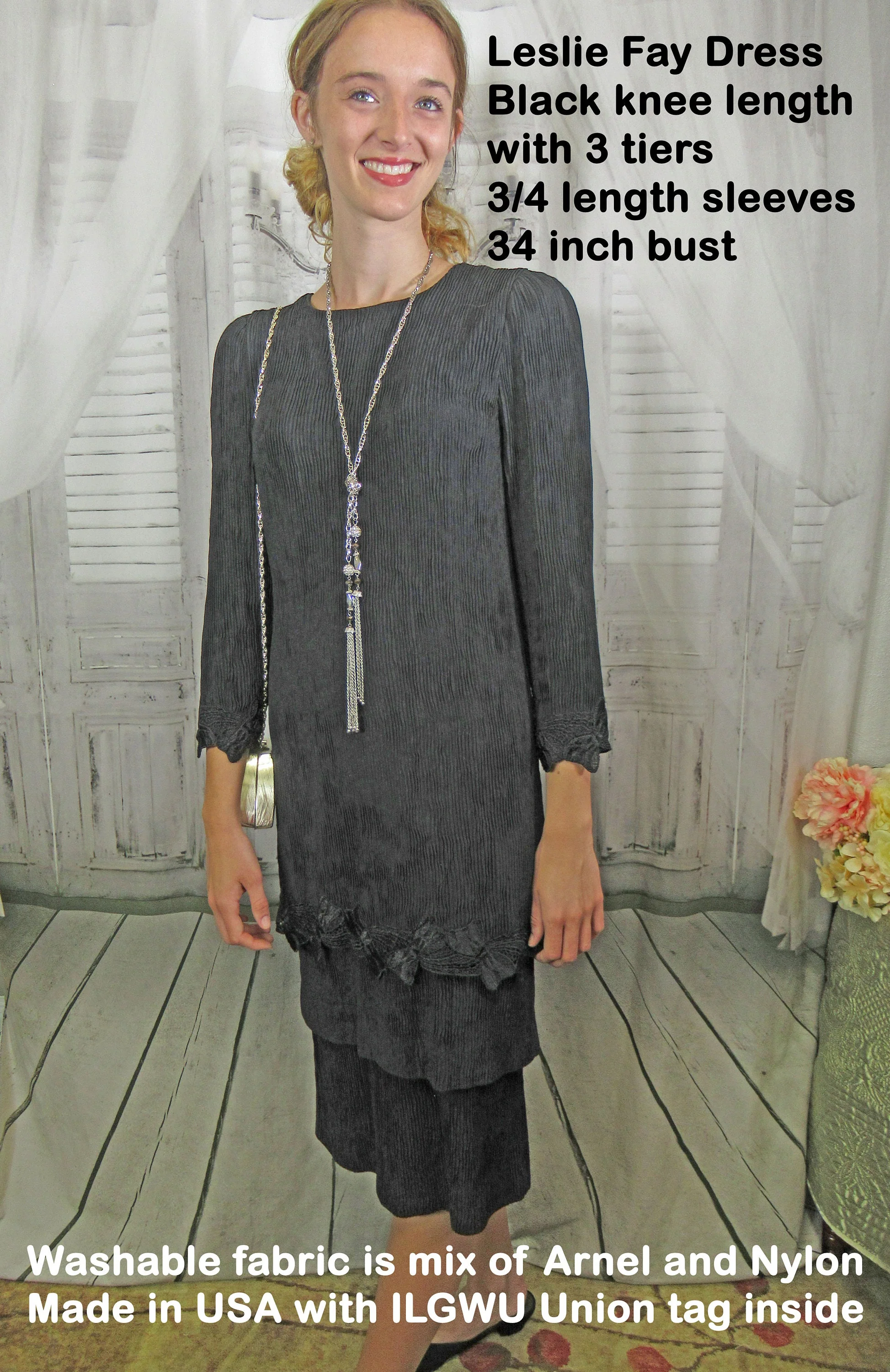 34 Bust Dress Black Knee Length with 3 Tiers 3/4 Length Sleeves Arnel/nylon Made In Usa Ilgwu Union Label Back Zipper Vtg by Leslie Fay - Image 9