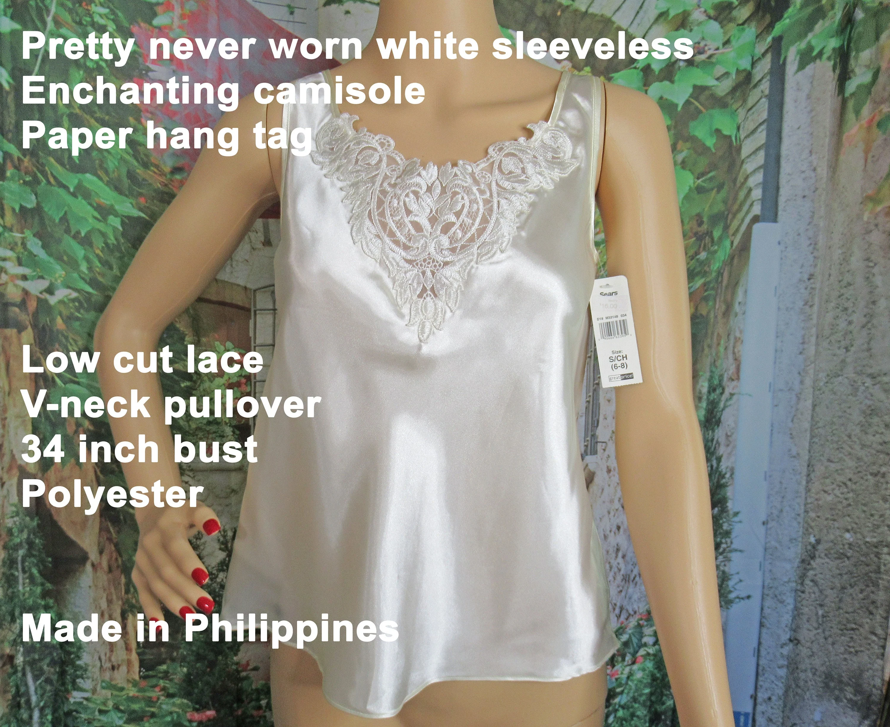 34 Bust Enchanting Camisole Paper Hang Tag Never Worn, White Polyester Sleeveless, Low Cut Lace Neck Pullover, Made In Philippines, Vtg - Image 7