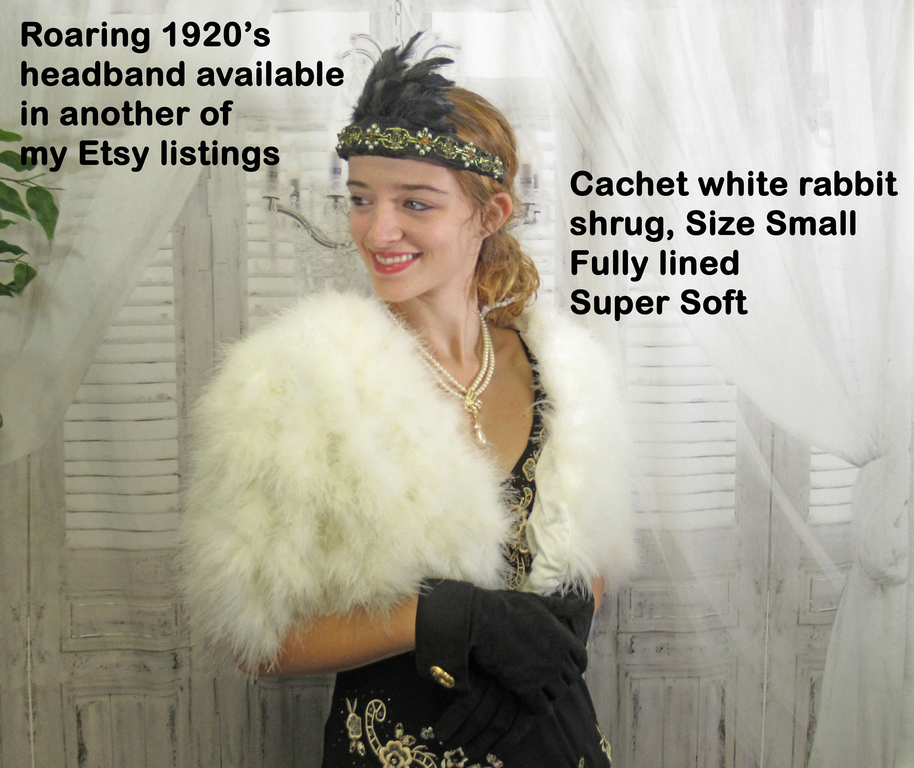 34 Bust Faux Fur Shrug Cachet 70s White Fluffy Rabbit, Lined, Short Sleeves, Front Hooks Or Wear Open, Bridal, Event/party Wear Vtg - Image 4