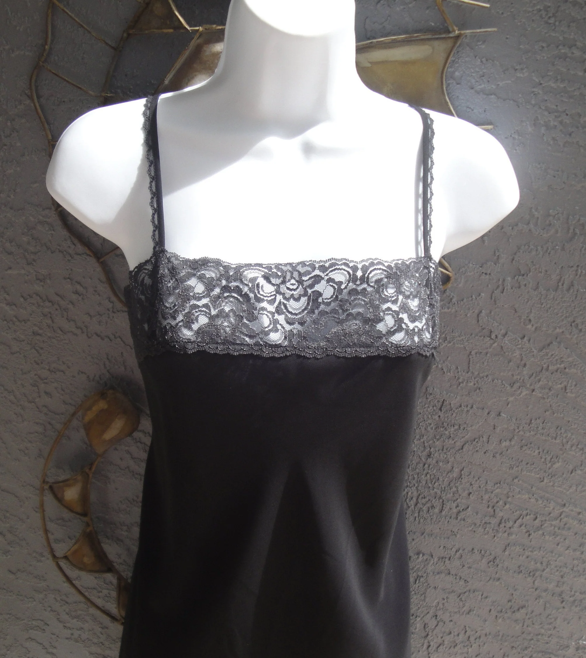 34 Bust Nightgown Black Lace Adjustable Spaghetti Strap 2-Layer Polyester, Made In Philippines, 2 and 3/4 Wide Lace Top, Vtg by Lord and Taylor - Image 5