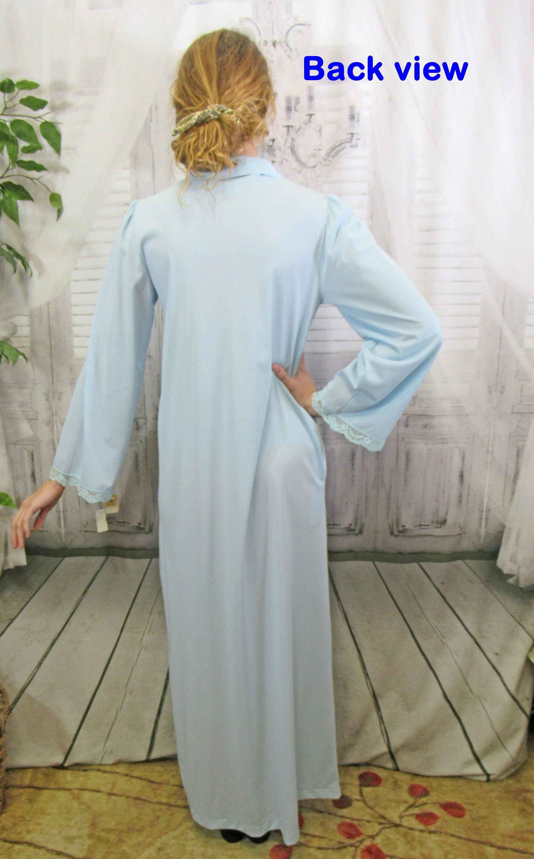 34 Bust Nylon Robe Sz Small Never Worn Texsheen Lingerie Blue Lace and Applique, Original 60s Paper Tag Attached, Button Front, Made Usa - Image 10