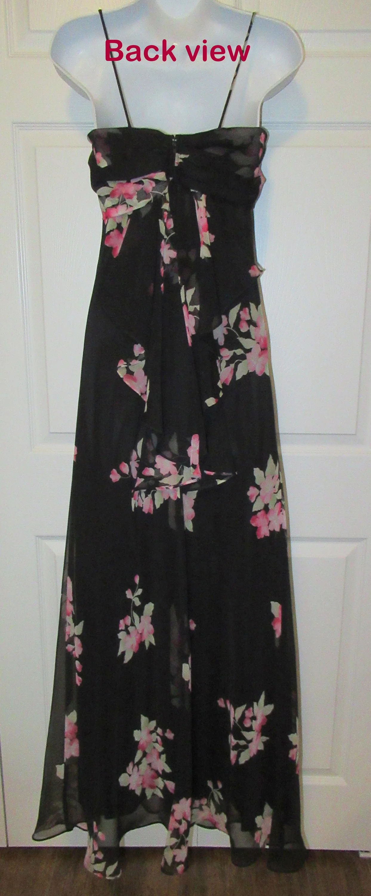 34 Bust Party Dress Betsy Floral Pink Flowers On Black Chiffon, A-Line, Fully Lined, Made In Hong Kong, Back Zip Vtg by Adam by Linda Burnell - Image 10