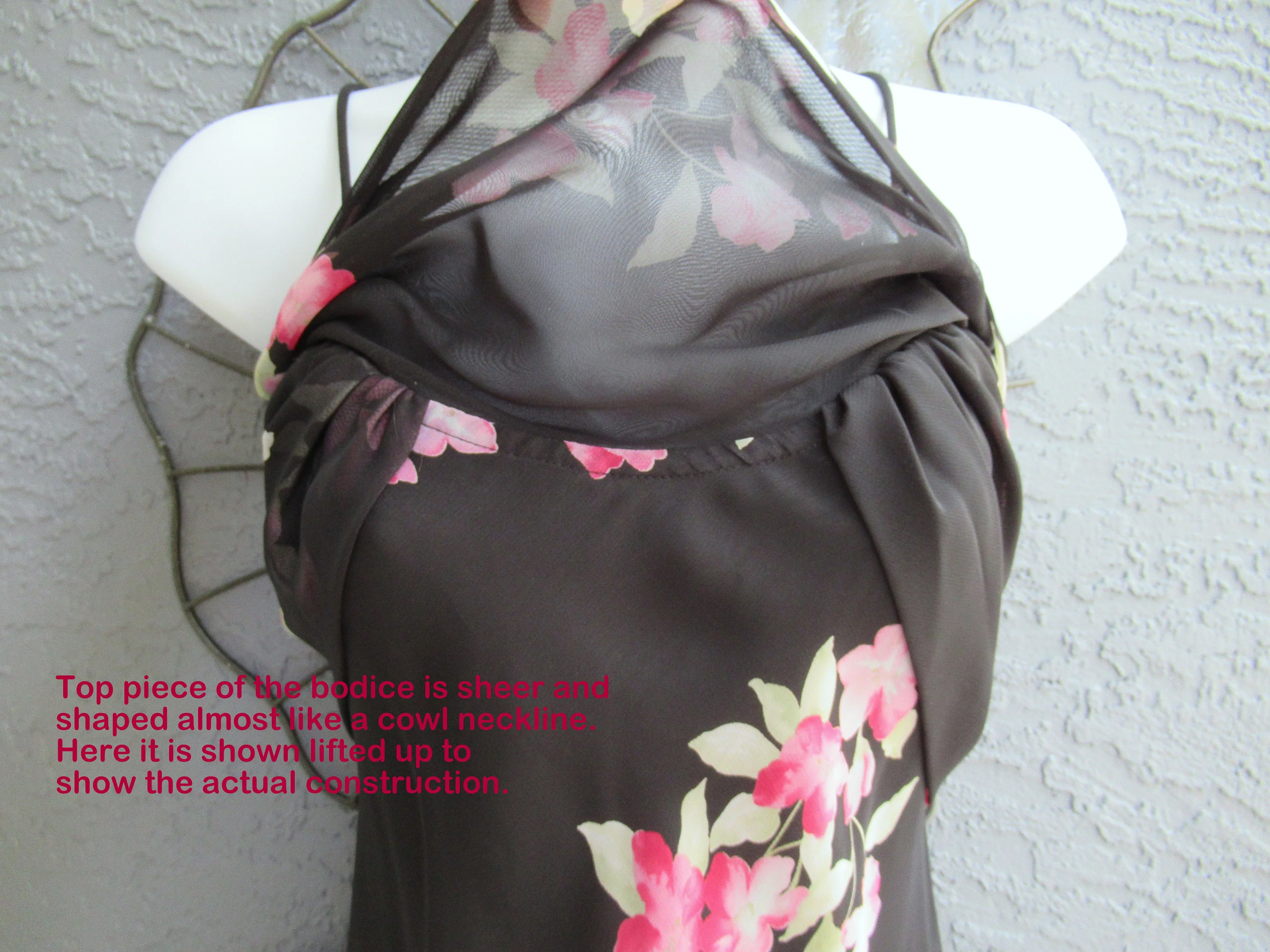 34 Bust Party Dress Betsy Floral Pink Flowers On Black Chiffon, A-Line, Fully Lined, Made In Hong Kong, Back Zip Vtg by Adam by Linda Burnell - Image 7