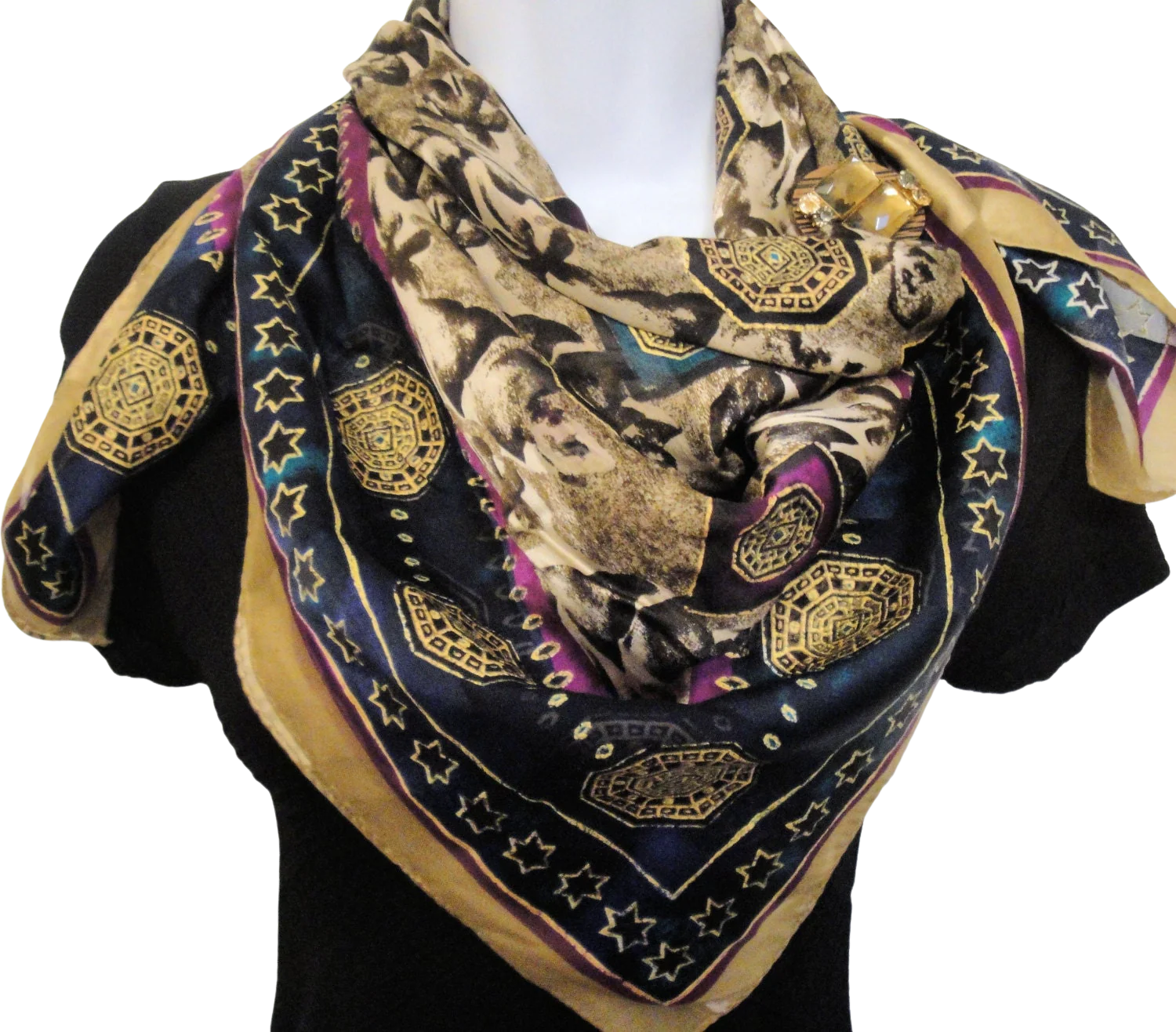34 Inch Silk Chiffon Scarf Ellen Tracy by Linda Allard, Burgundy, Tan, Teal, Gold, Made In Korea, Bonus Recycled Magnetic Back Brooch, Vtg