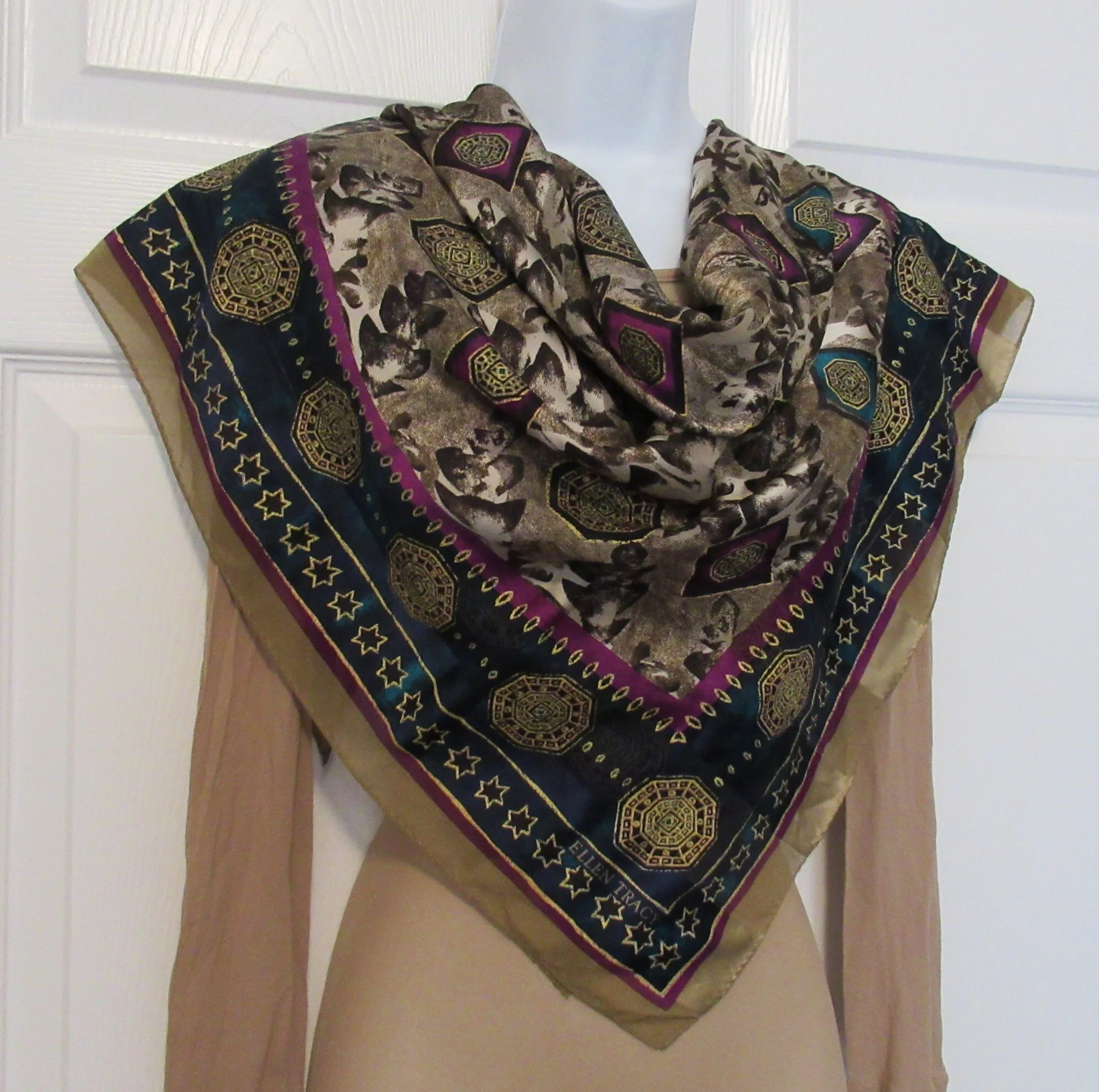 34 Inch Silk Chiffon Scarf Ellen Tracy by Linda Allard, Burgundy, Tan, Teal, Gold, Made In Korea, Bonus Recycled Magnetic Back Brooch, Vtg - Image 10