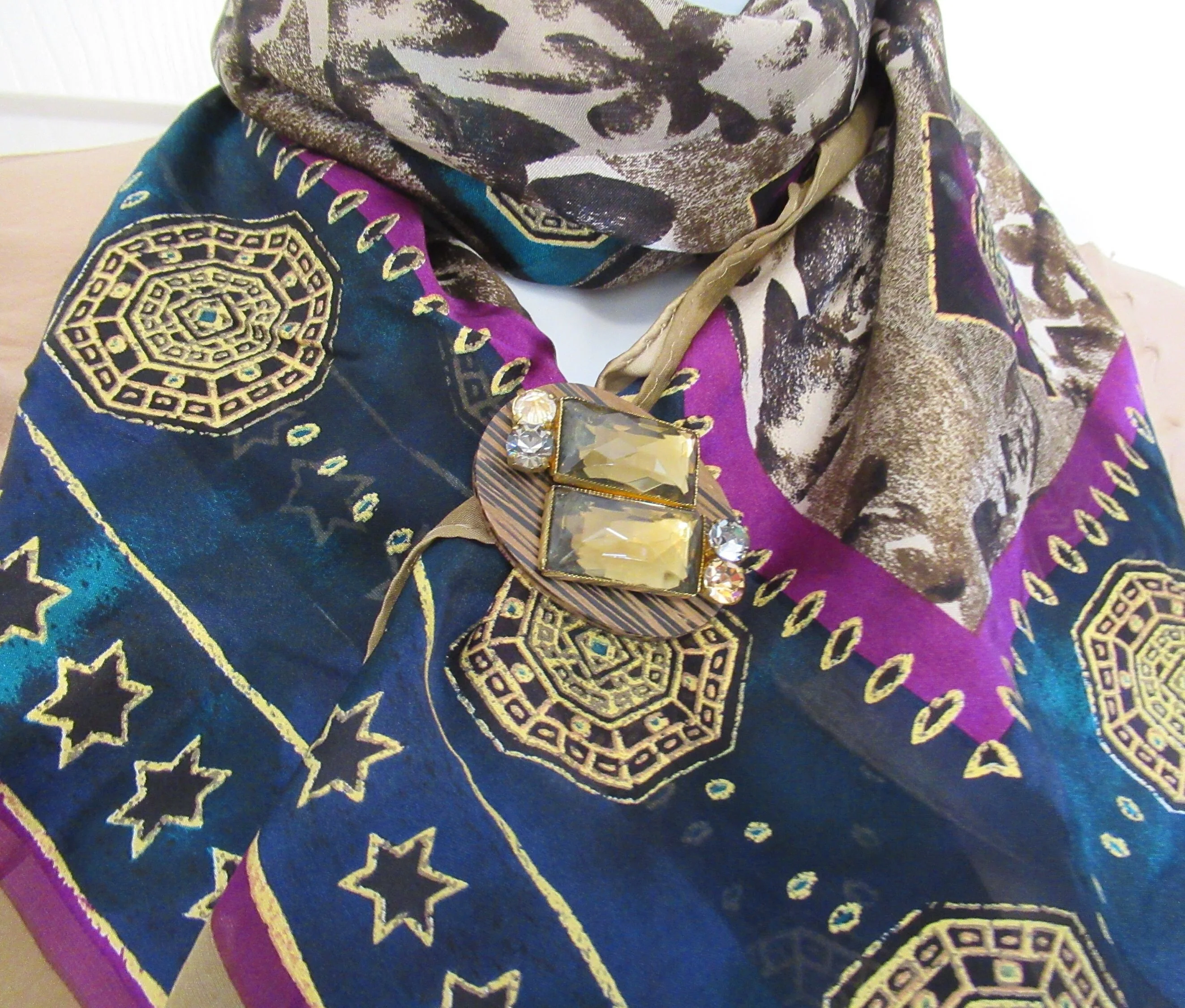 34 Inch Silk Chiffon Scarf Ellen Tracy by Linda Allard, Burgundy, Tan, Teal, Gold, Made In Korea, Bonus Recycled Magnetic Back Brooch, Vtg - Image 5