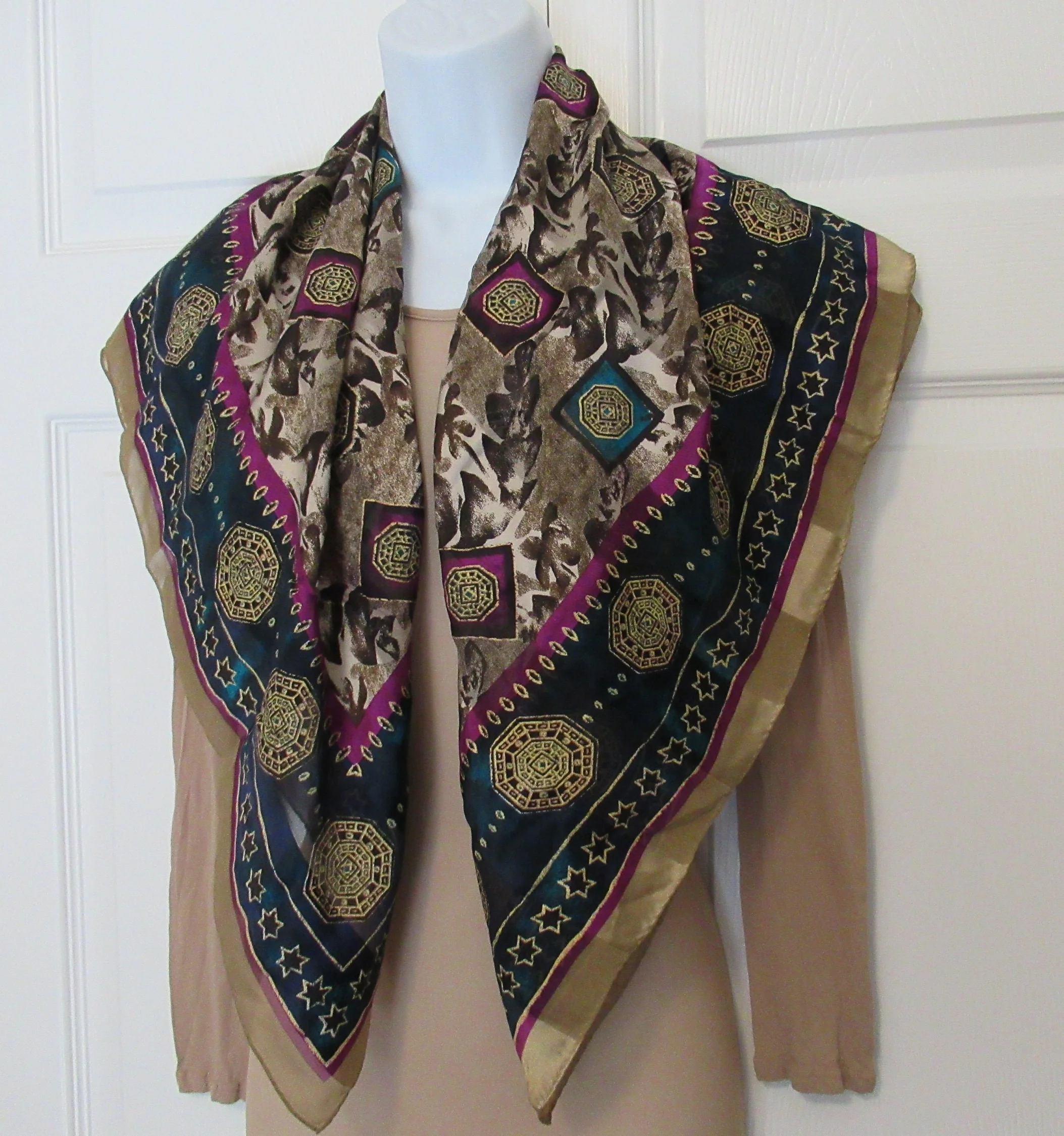 34 Inch Silk Chiffon Scarf Ellen Tracy by Linda Allard, Burgundy, Tan, Teal, Gold, Made In Korea, Bonus Recycled Magnetic Back Brooch, Vtg - Image 6