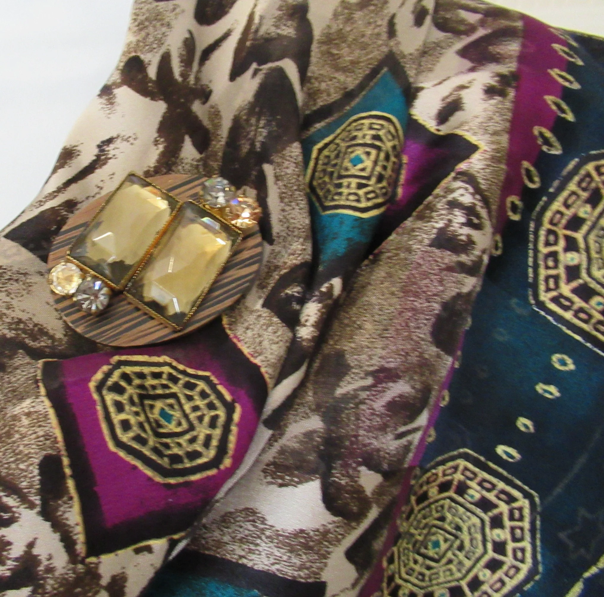 34 Inch Silk Chiffon Scarf Ellen Tracy by Linda Allard, Burgundy, Tan, Teal, Gold, Made In Korea, Bonus Recycled Magnetic Back Brooch, Vtg - Image 7