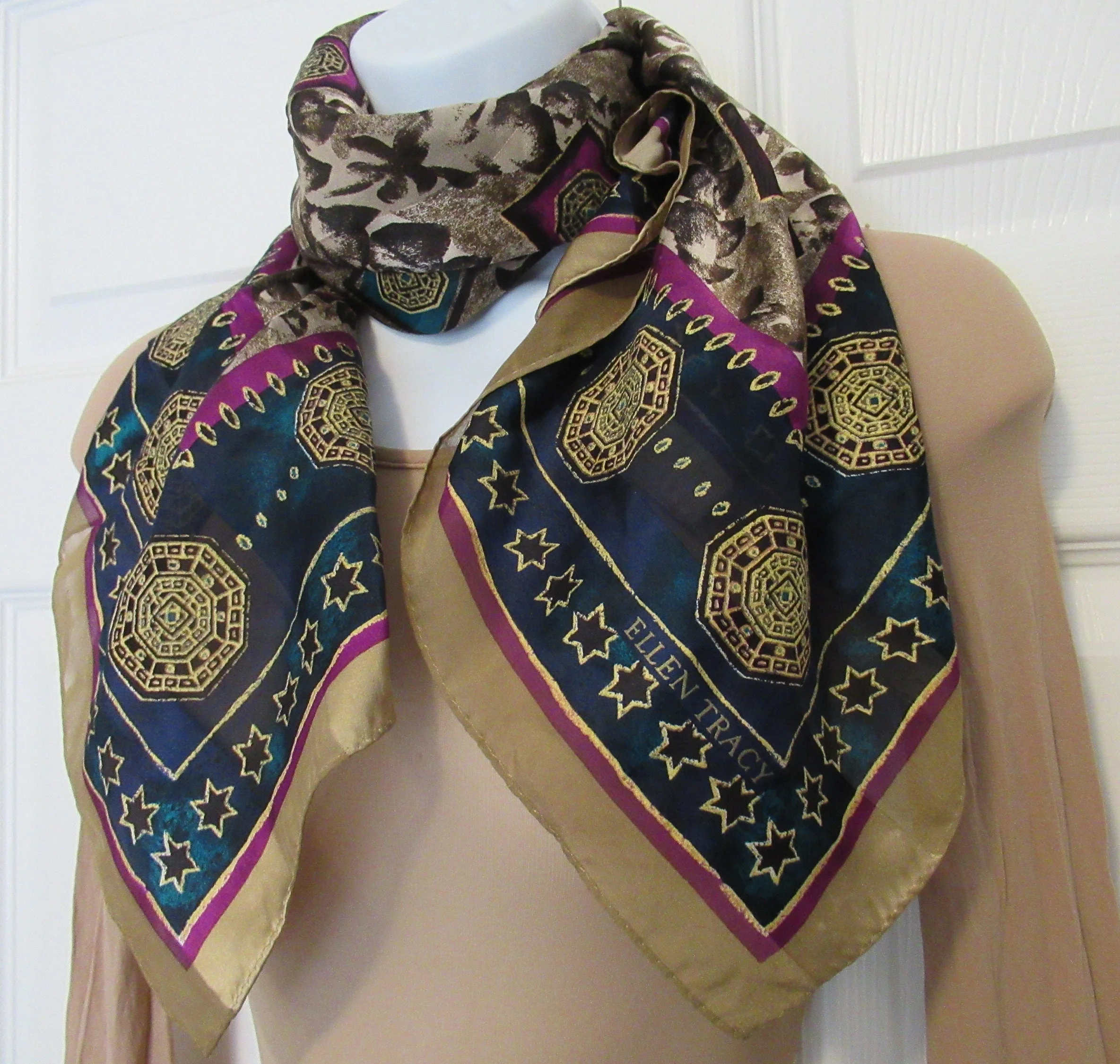 34 Inch Silk Chiffon Scarf Ellen Tracy by Linda Allard, Burgundy, Tan, Teal, Gold, Made In Korea, Bonus Recycled Magnetic Back Brooch, Vtg - Image 8
