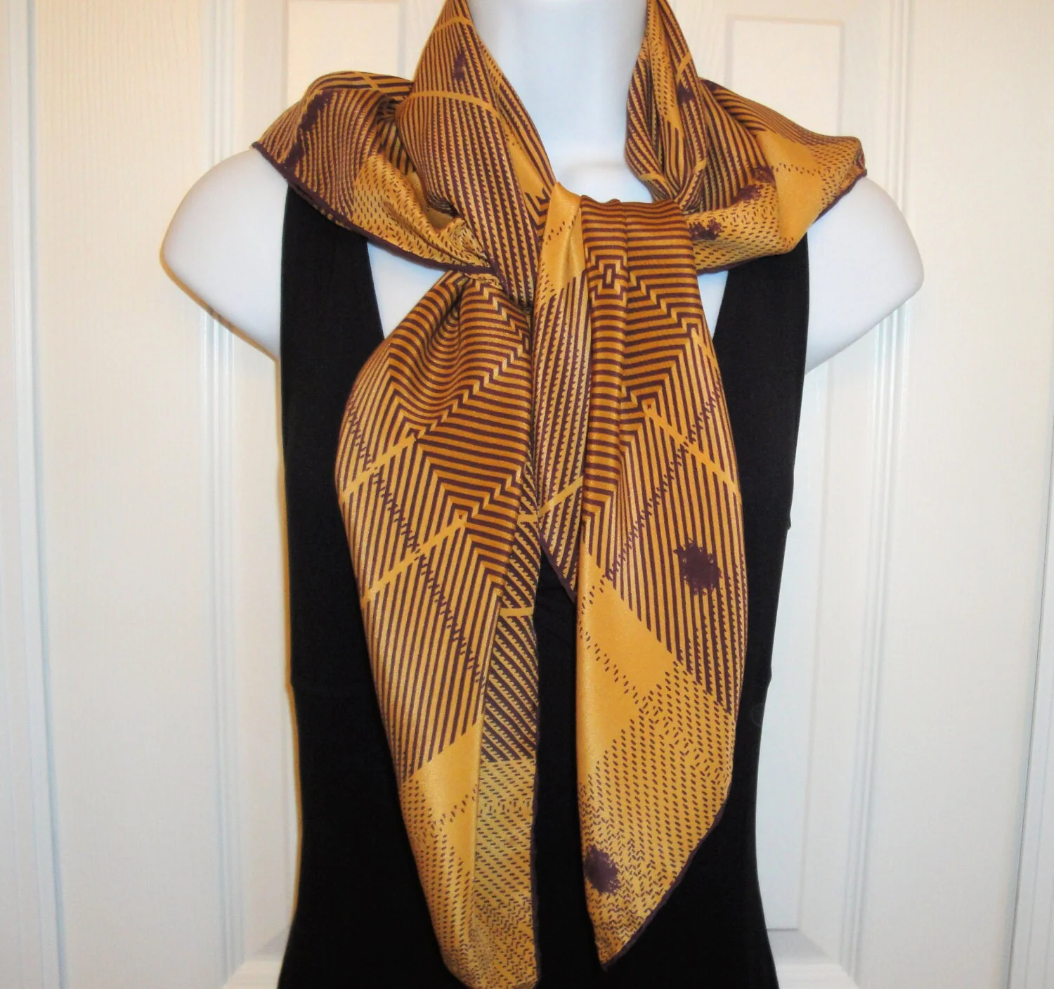 34 Inch Silk Square Scarf Chic Butterscotch and Mustard Plaid Mantero 70s European Style Hand Rolled Edges Bonus Magnetic Brooch Vtg - Image 7