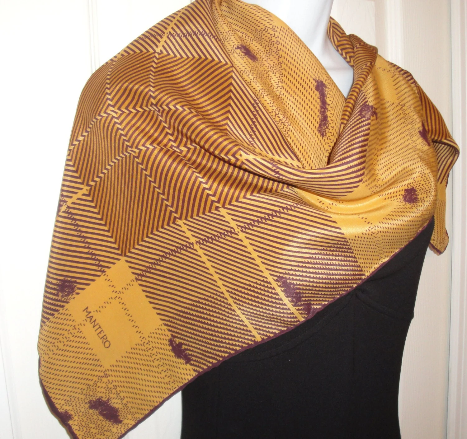 34 Inch Silk Square Scarf Chic Butterscotch and Mustard Plaid Mantero 70s European Style Hand Rolled Edges Bonus Magnetic Brooch Vtg - Image 9