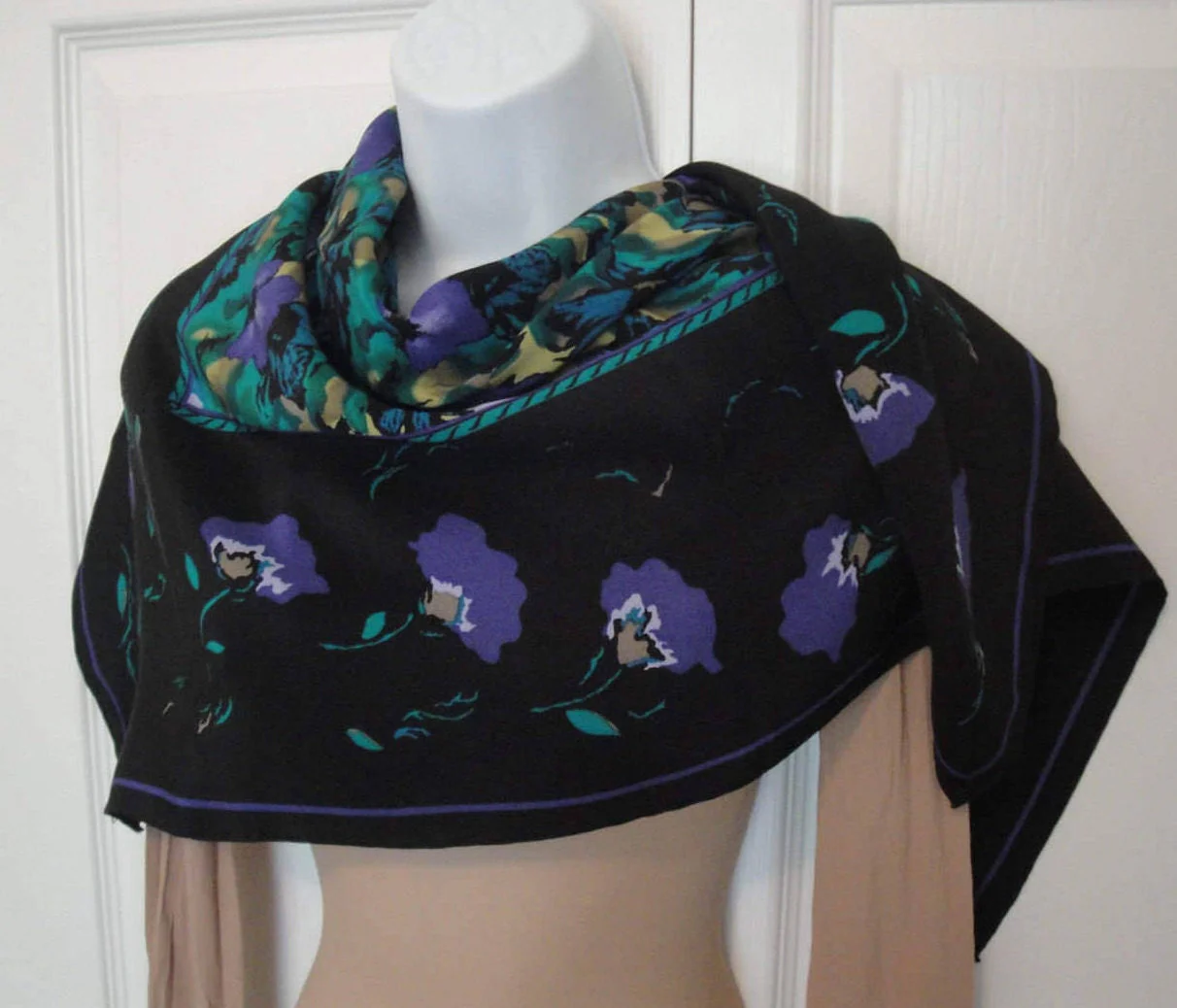 34 Inch Silk Square Scarf Georgiou Floral Abstract, Hand Rolled Hemmed Edges, Vintage As New, Black, Purple, Teal, Gold, Truly Wow Design - Image 4