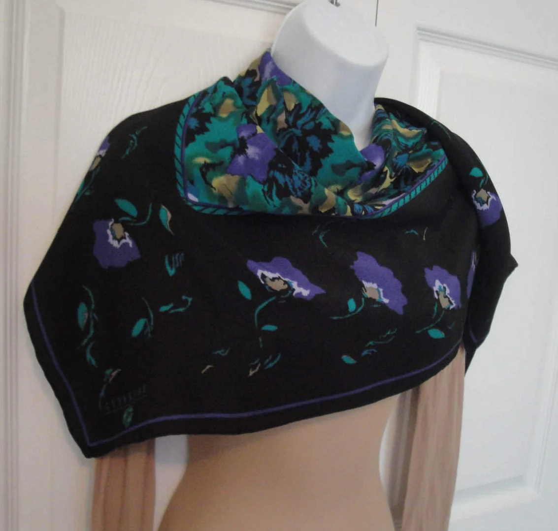 34 Inch Silk Square Scarf Georgiou Floral Abstract, Hand Rolled Hemmed Edges, Vintage As New, Black, Purple, Teal, Gold, Truly Wow Design - Image 5