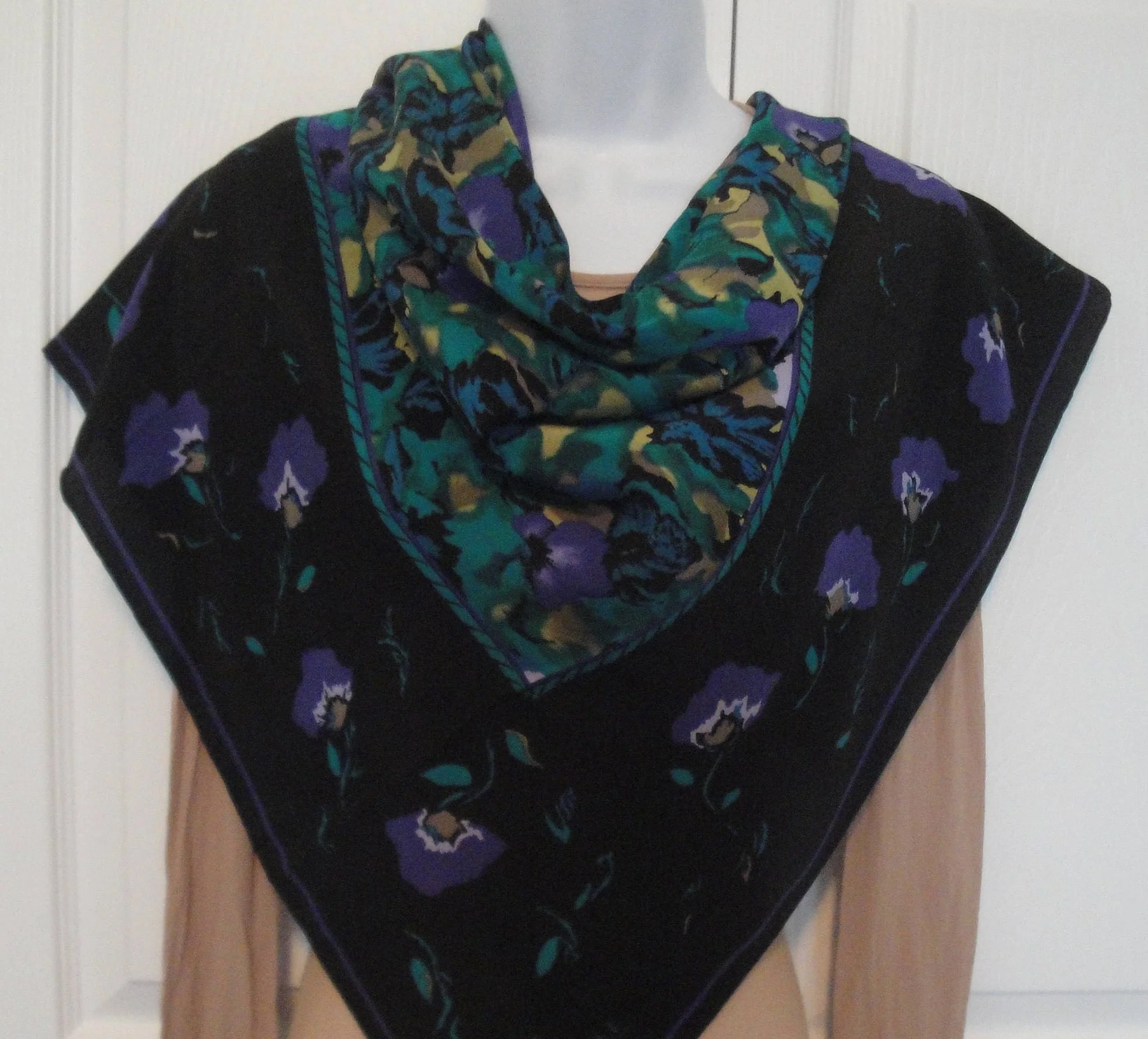 34 Inch Silk Square Scarf Georgiou Floral Abstract, Hand Rolled Hemmed Edges, Vintage As New, Black, Purple, Teal, Gold, Truly Wow Design - Image 7