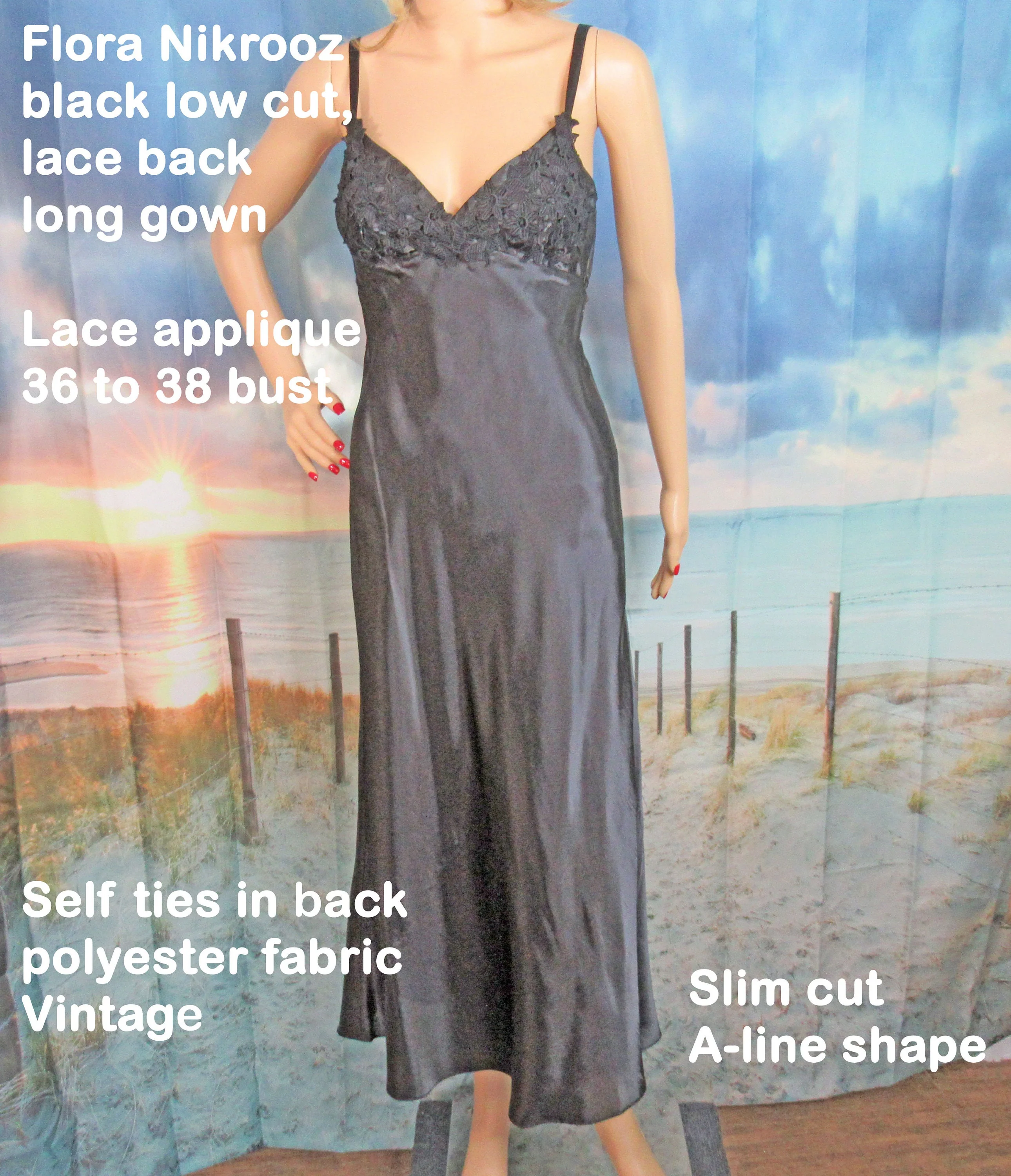 36-38 Bust Long Nightgown Low Cut Lace Back Spaghetti Straps Lace Applique Top Self Ties In Back Black Polyester Vtg by Flora Nikrooz - Image 3