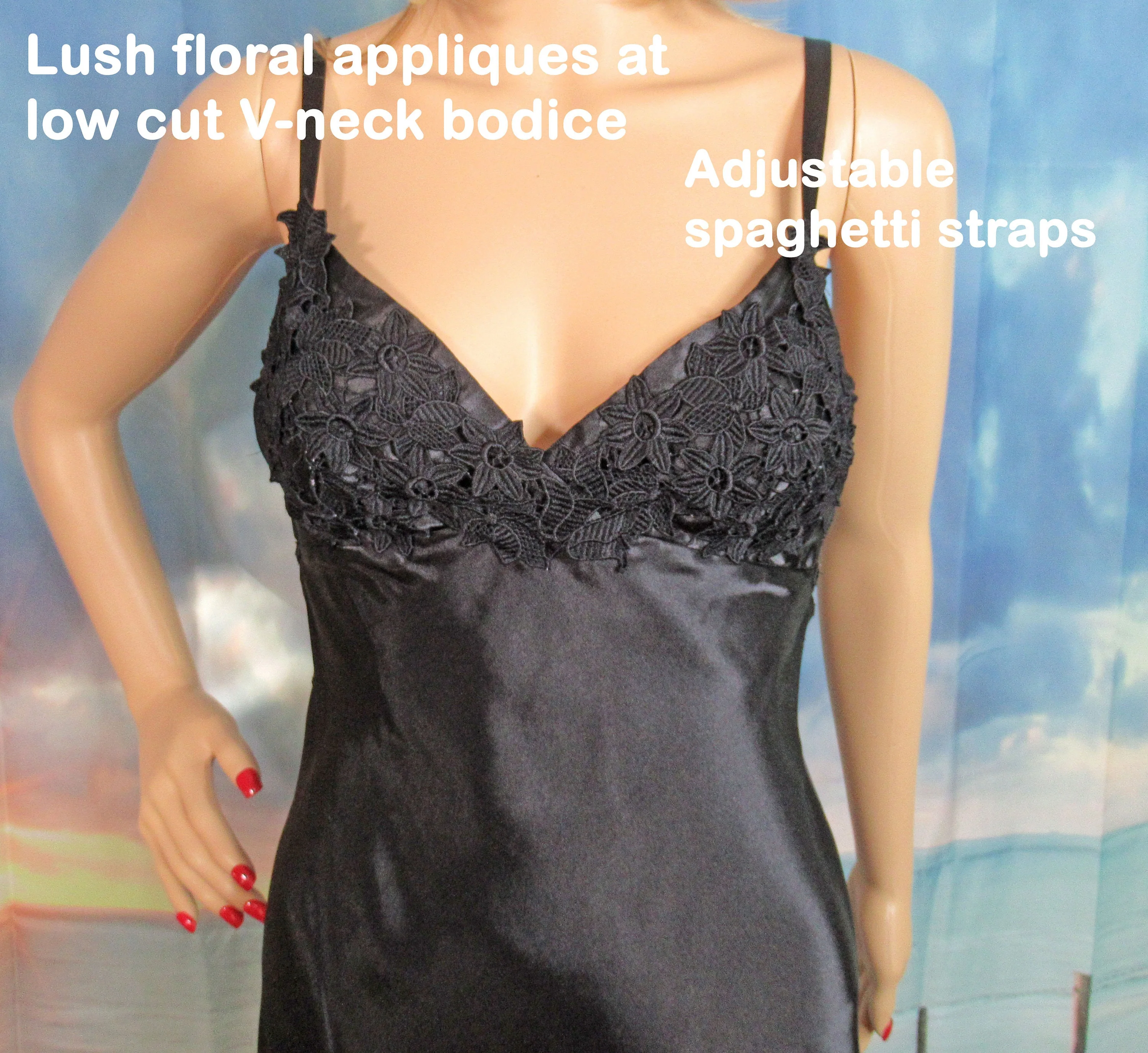 36-38 Bust Long Nightgown Low Cut Lace Back Spaghetti Straps Lace Applique Top Self Ties In Back Black Polyester Vtg by Flora Nikrooz - Image 4