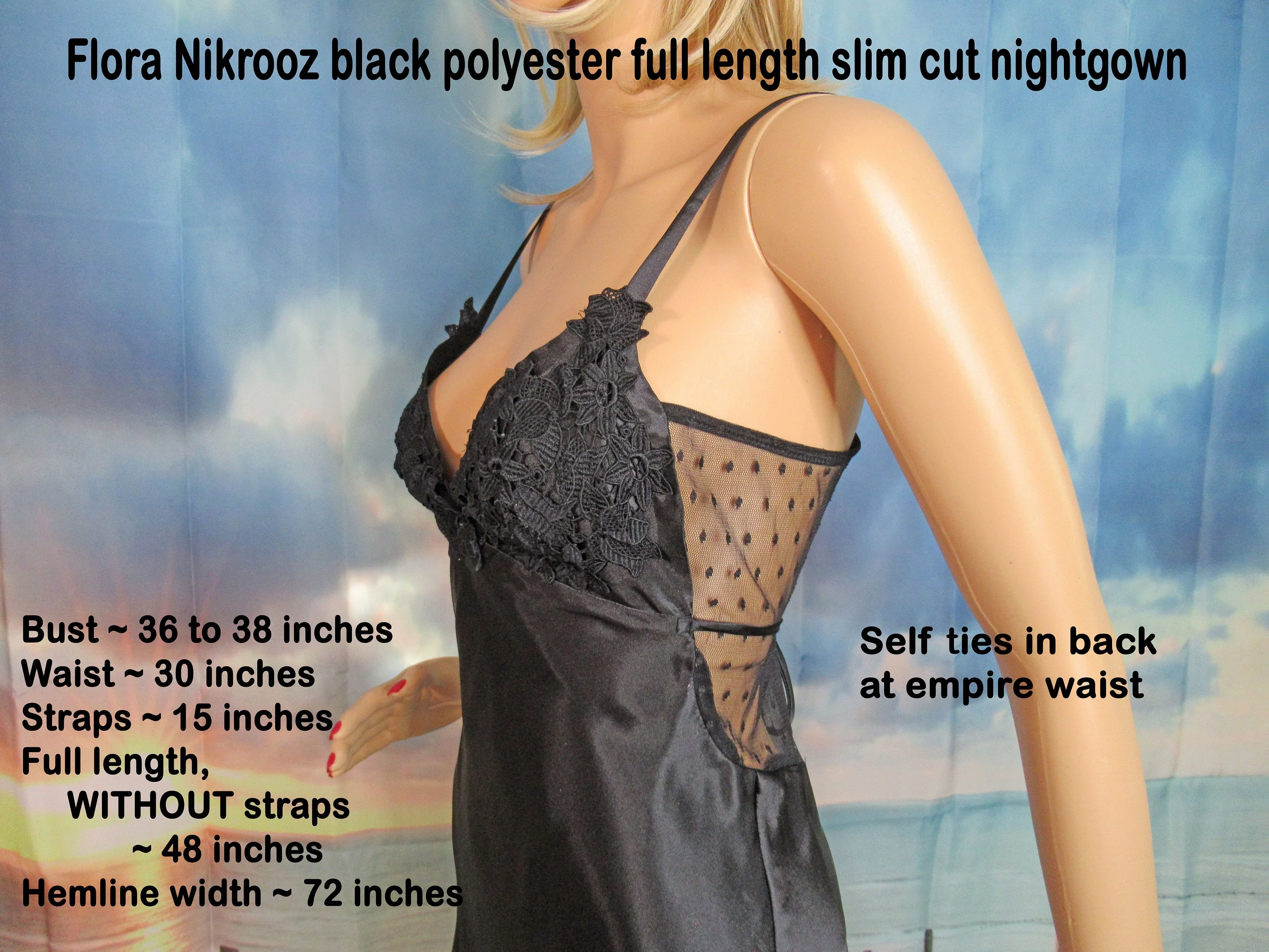 36-38 Bust Long Nightgown Low Cut Lace Back Spaghetti Straps Lace Applique Top Self Ties In Back Black Polyester Vtg by Flora Nikrooz - Image 5