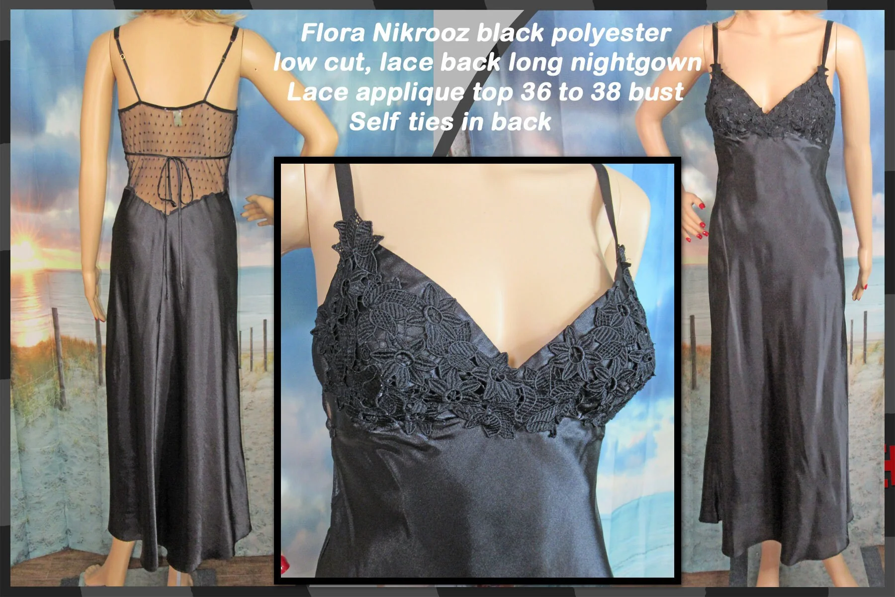 36-38 Bust Long Nightgown Low Cut Lace Back Spaghetti Straps Lace Applique Top Self Ties In Back Black Polyester Vtg by Flora Nikrooz - Image 6