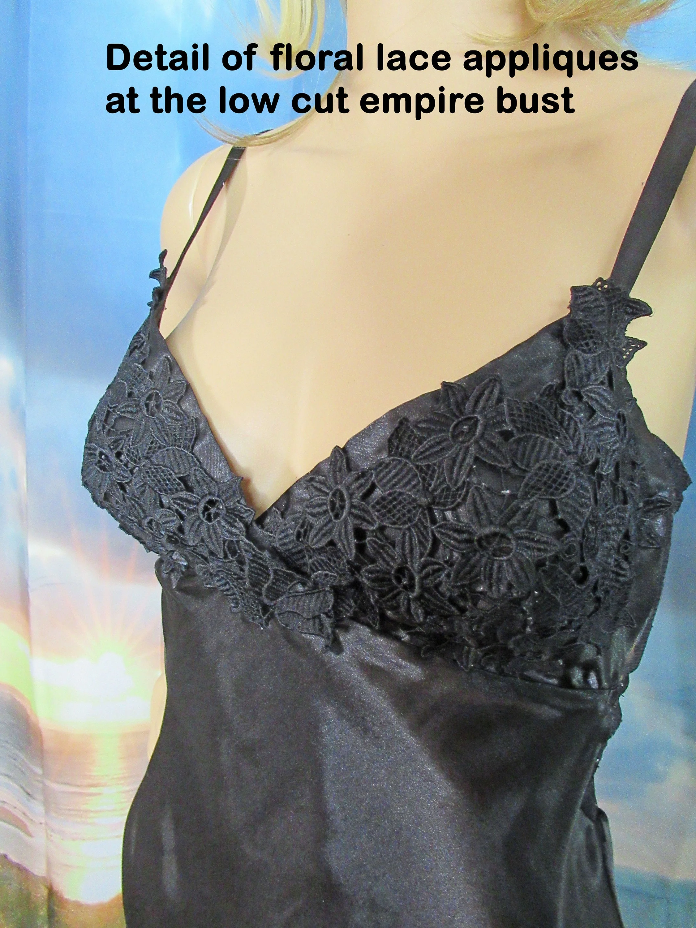 36-38 Bust Long Nightgown Low Cut Lace Back Spaghetti Straps Lace Applique Top Self Ties In Back Black Polyester Vtg by Flora Nikrooz - Image 7