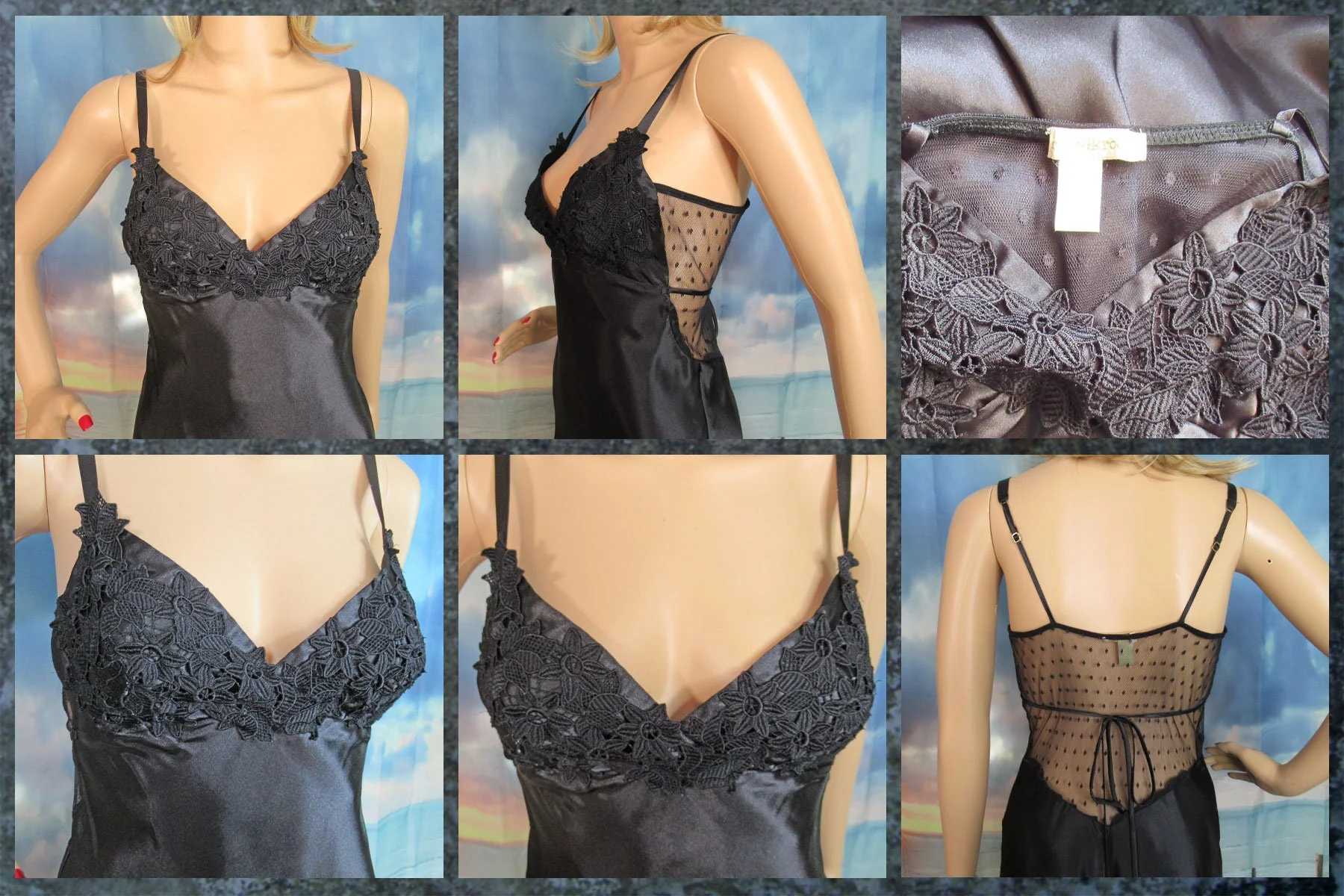 36-38 Bust Long Nightgown Low Cut Lace Back Spaghetti Straps Lace Applique Top Self Ties In Back Black Polyester Vtg by Flora Nikrooz - Image 8