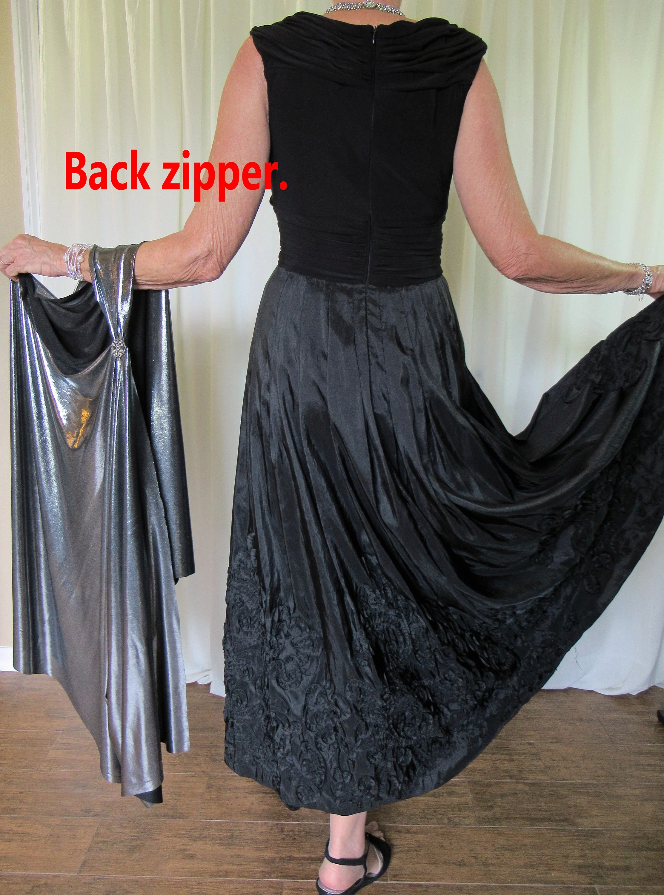 36-40 Bust Little Black Dress Lush Long Skirt with Sartouche Braid Low V Bodice Sleeveless Patra Brand Polyester Back Zipper Vtg - Image 10