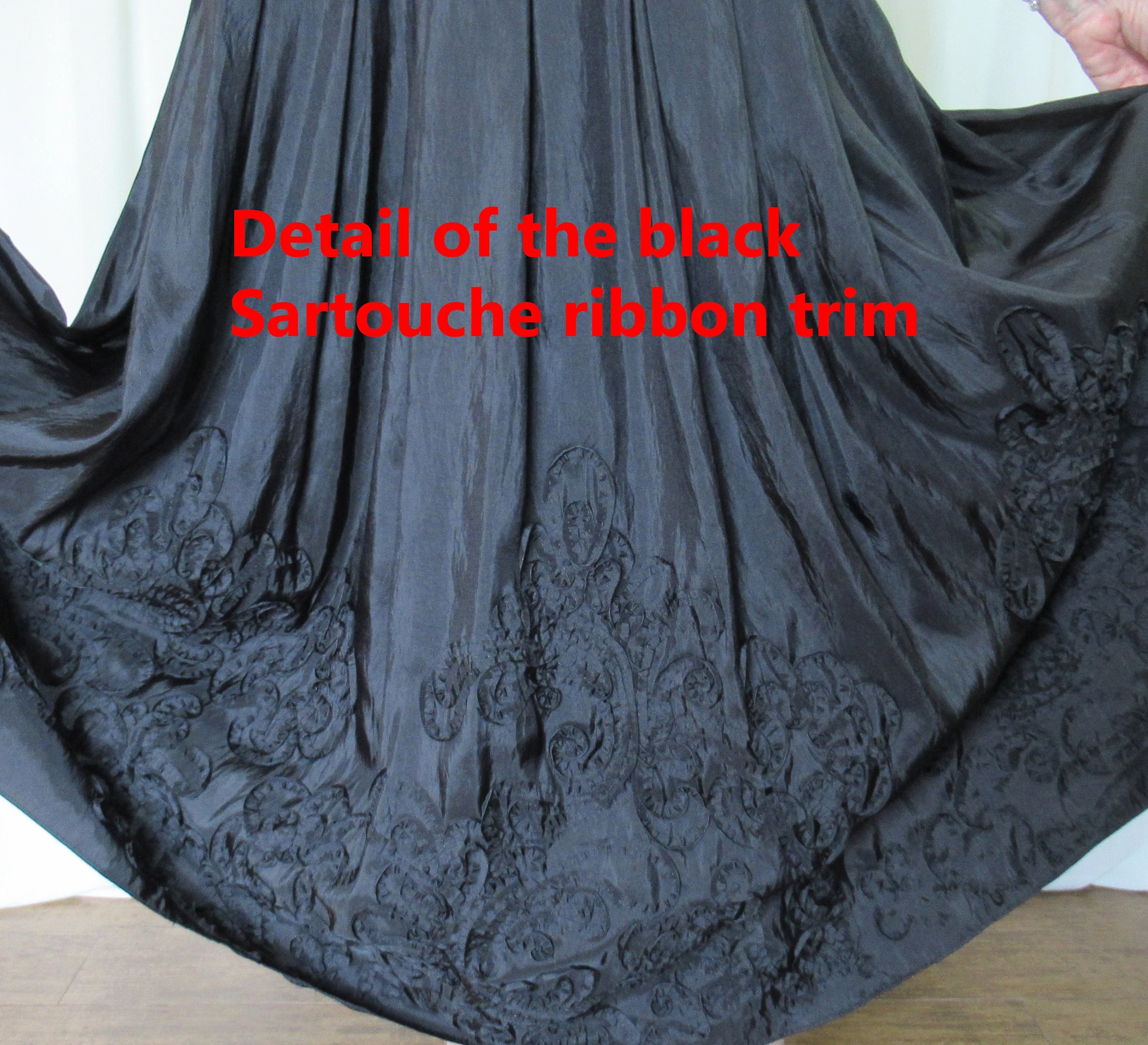 36-40 Bust Little Black Dress Lush Long Skirt with Sartouche Braid Low V Bodice Sleeveless Patra Brand Polyester Back Zipper Vtg - Image 4