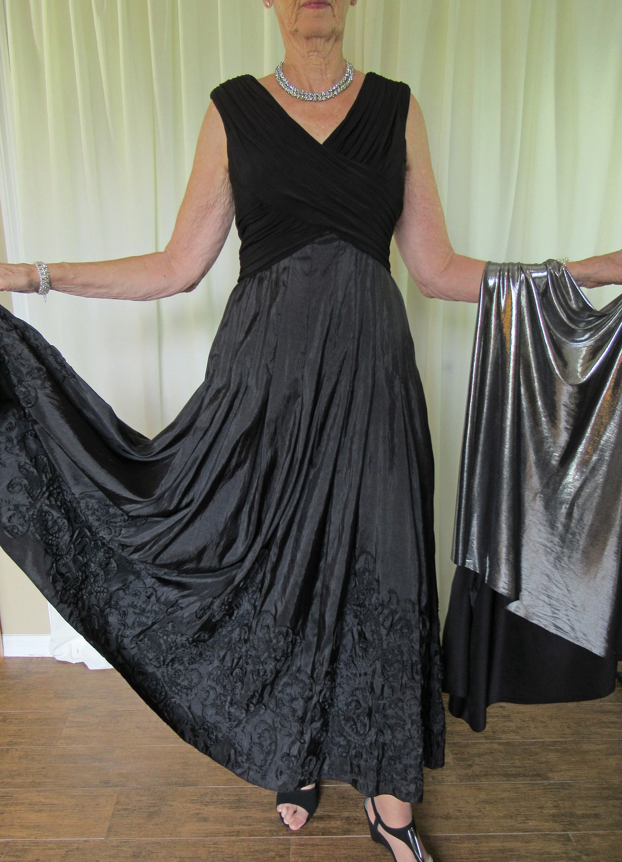 36-40 Bust Little Black Dress Lush Long Skirt with Sartouche Braid Low V Bodice Sleeveless Patra Brand Polyester Back Zipper Vtg - Image 6